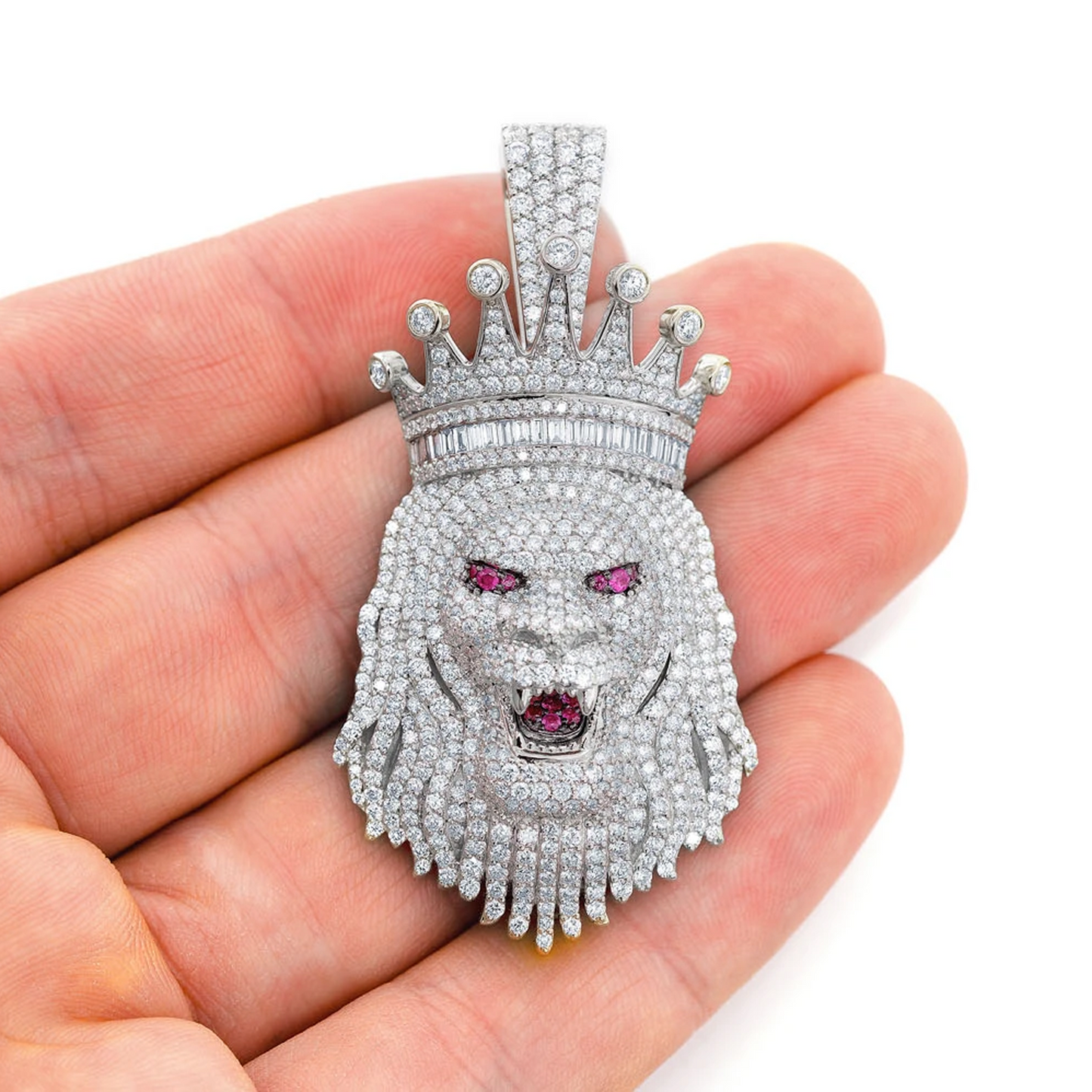 King Crown Lion Diamond Pendant in 14K white gold, angled view