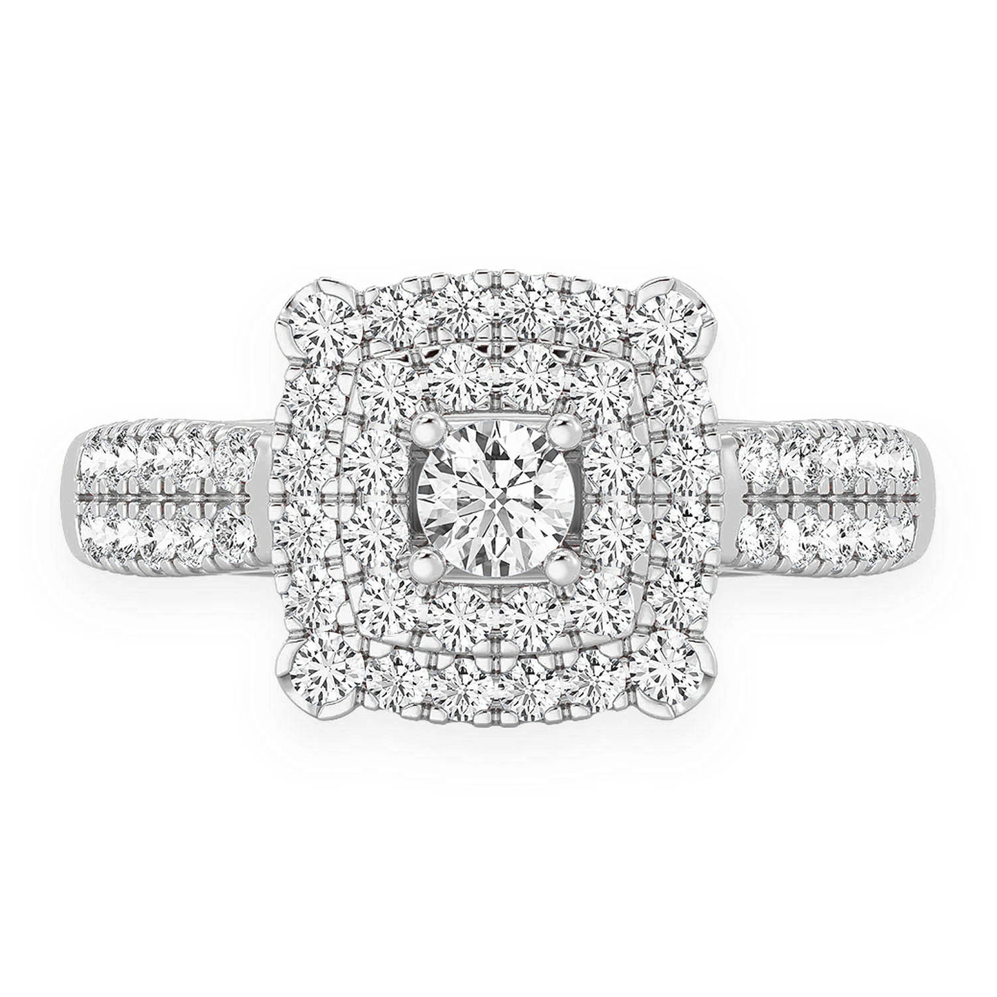Square Double Halo Diamond Ring in 14K white gold, front view