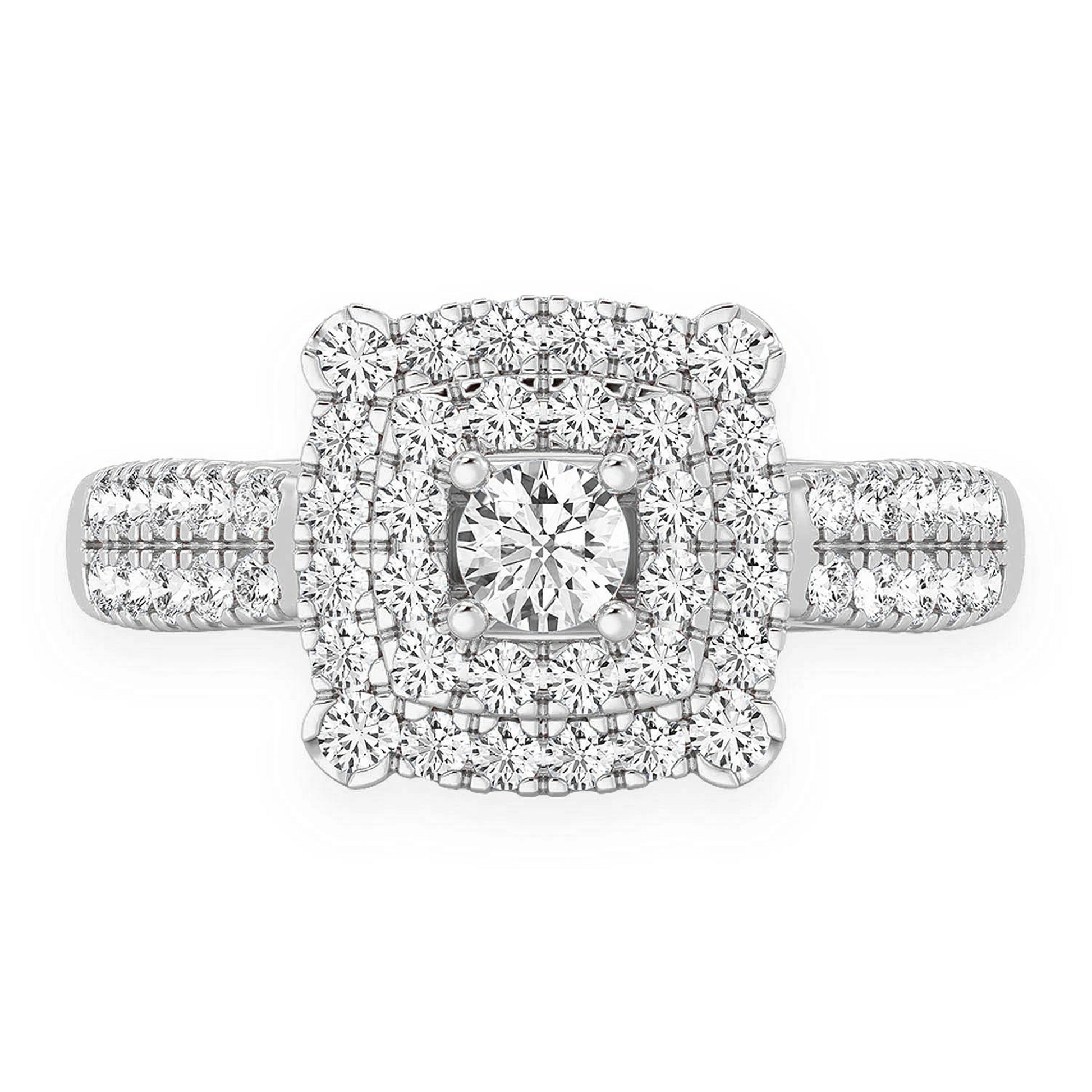 Square Double Halo Diamond Ring in 14K white gold, front view