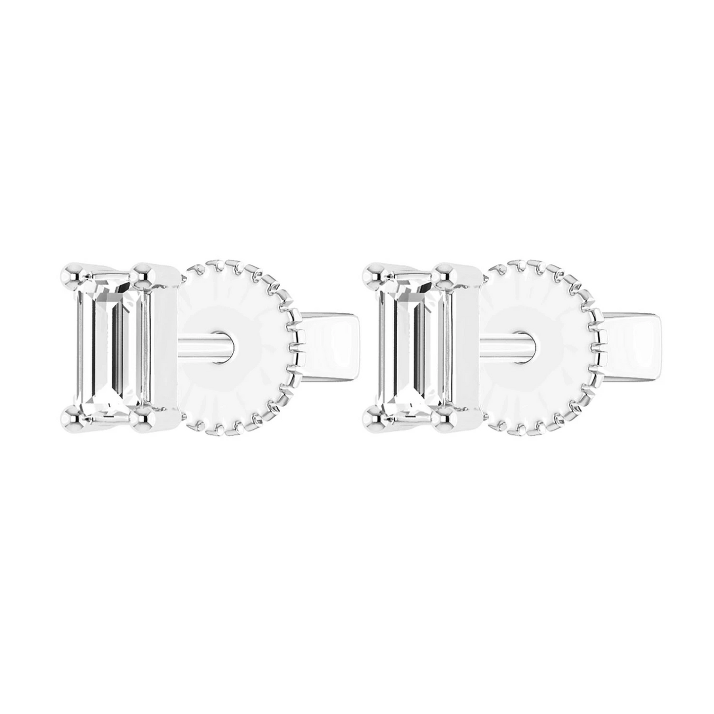 Baguette Diamond Solitaire Stud Earrings in 14K white gold, angled view