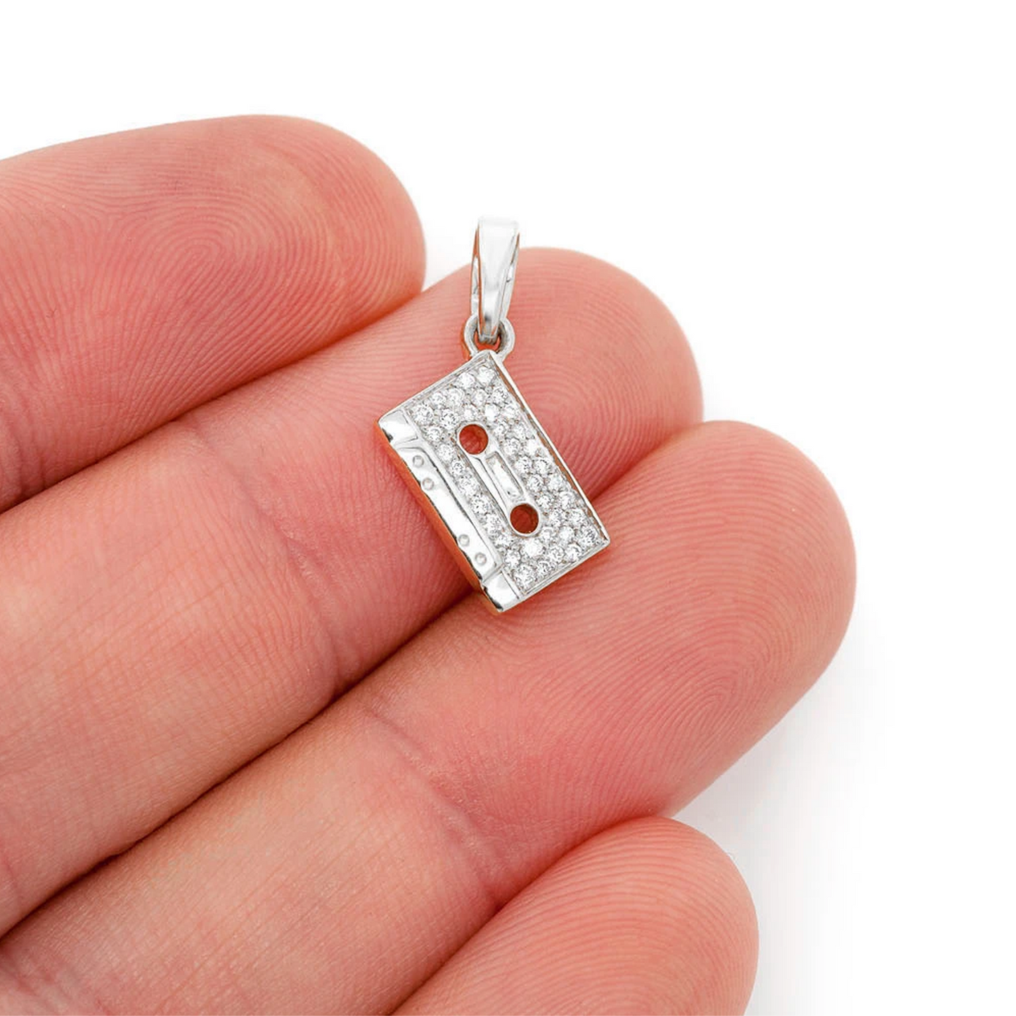 Music Cassette Diamond Pendant in 14K white gold, White, angled view