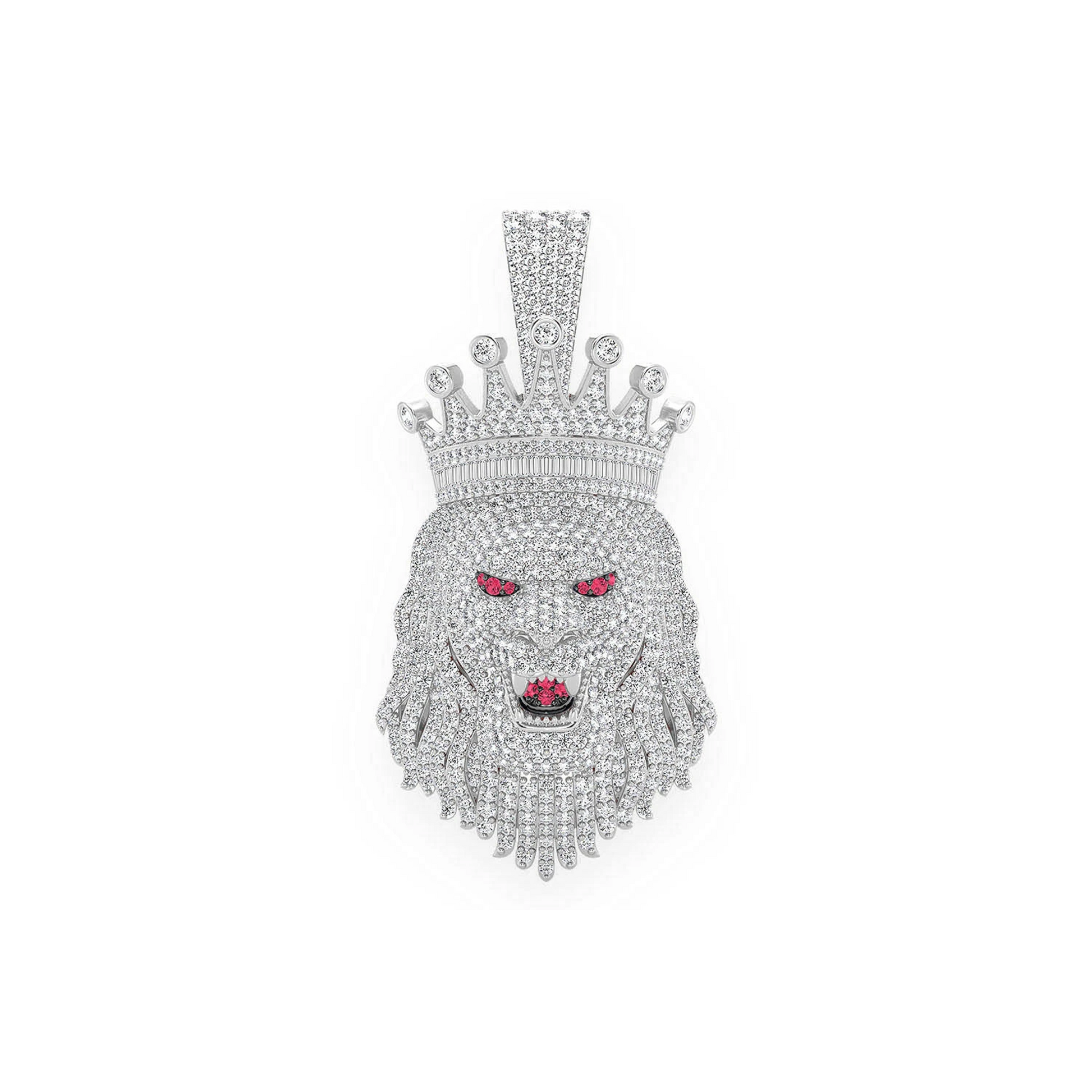 King Crown Lion Diamond Pendant in 14K white gold, front view