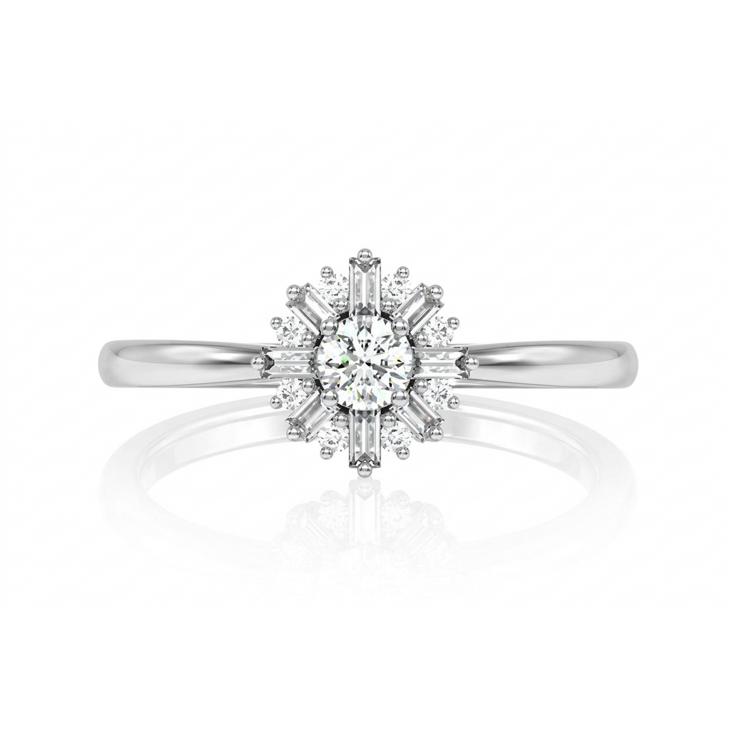 Round Floral Baguette Diamond Ring in 14K white gold, front view