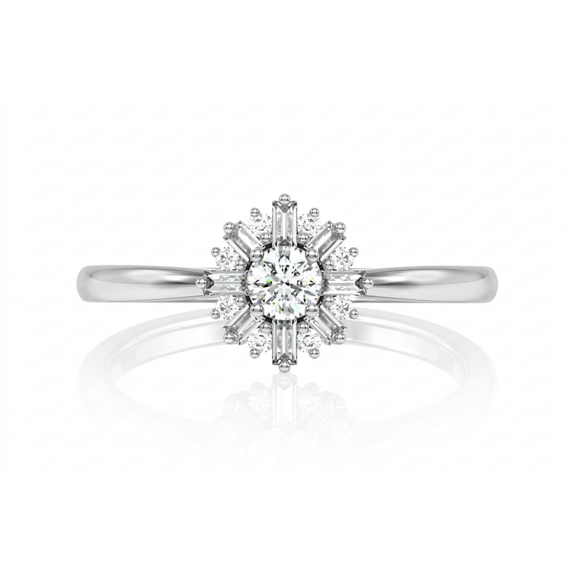 Round Floral Baguette Diamond Ring in 14K white gold, front view