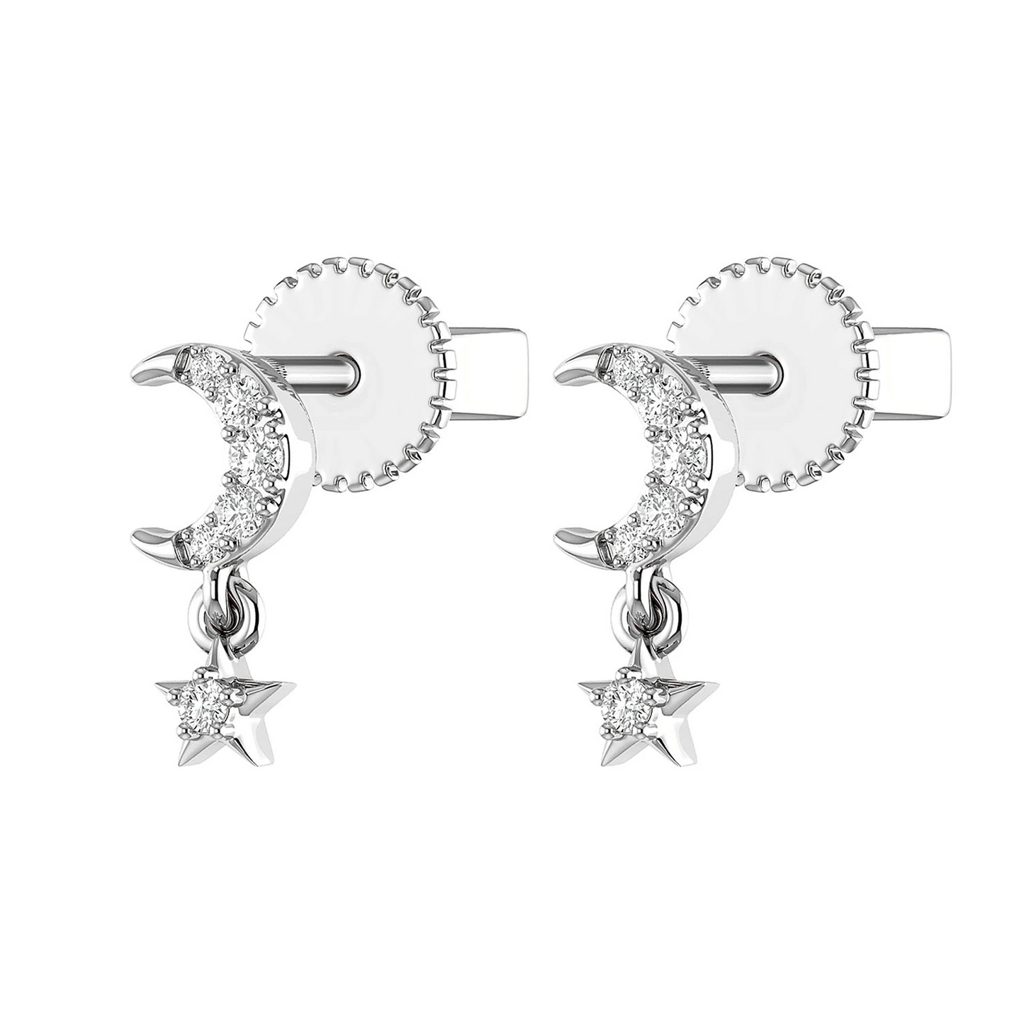 Moon & Star Diamond Drops in 14K white gold, angled view
