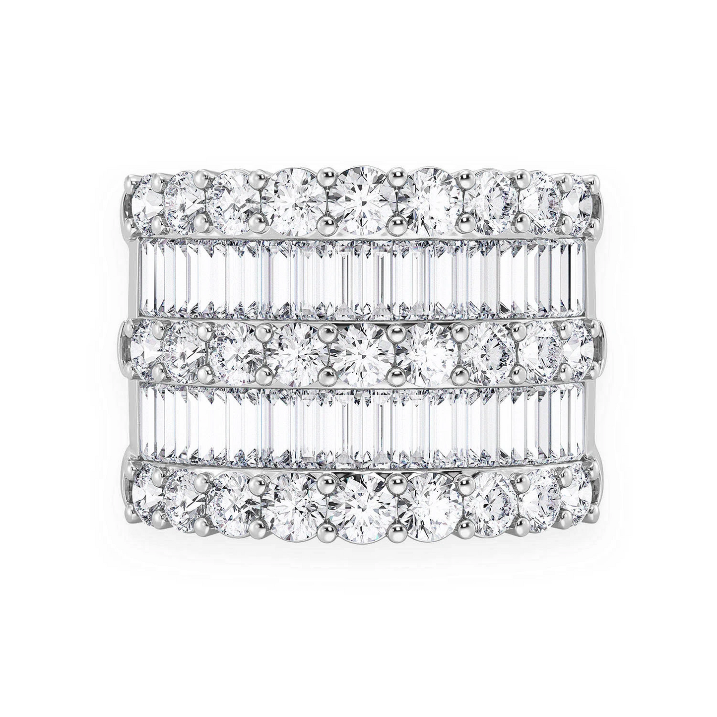Three Row Round & Baguette Ring in 14K white gold, front view
