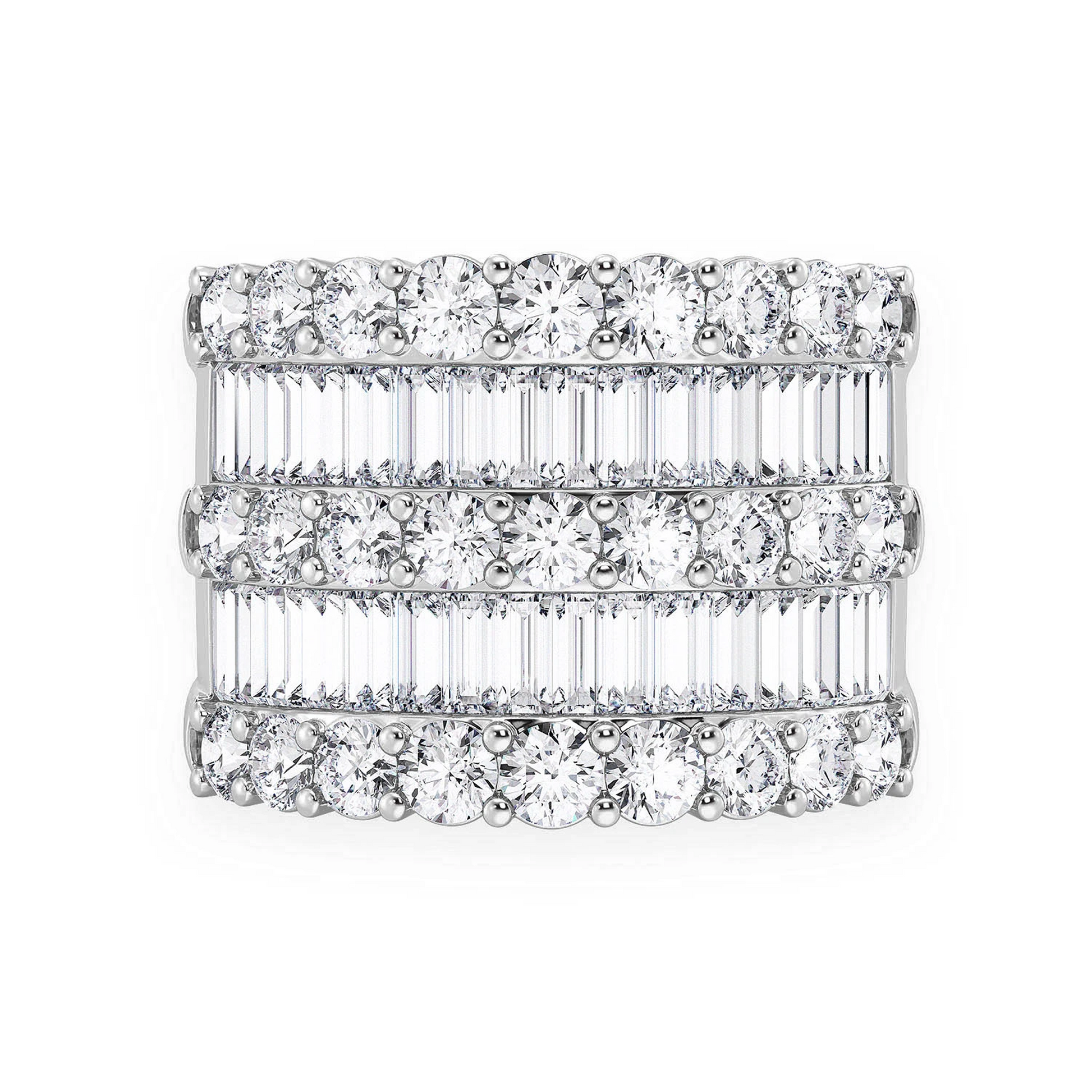 Three Row Round & Baguette Ring in 14K white gold, front view
