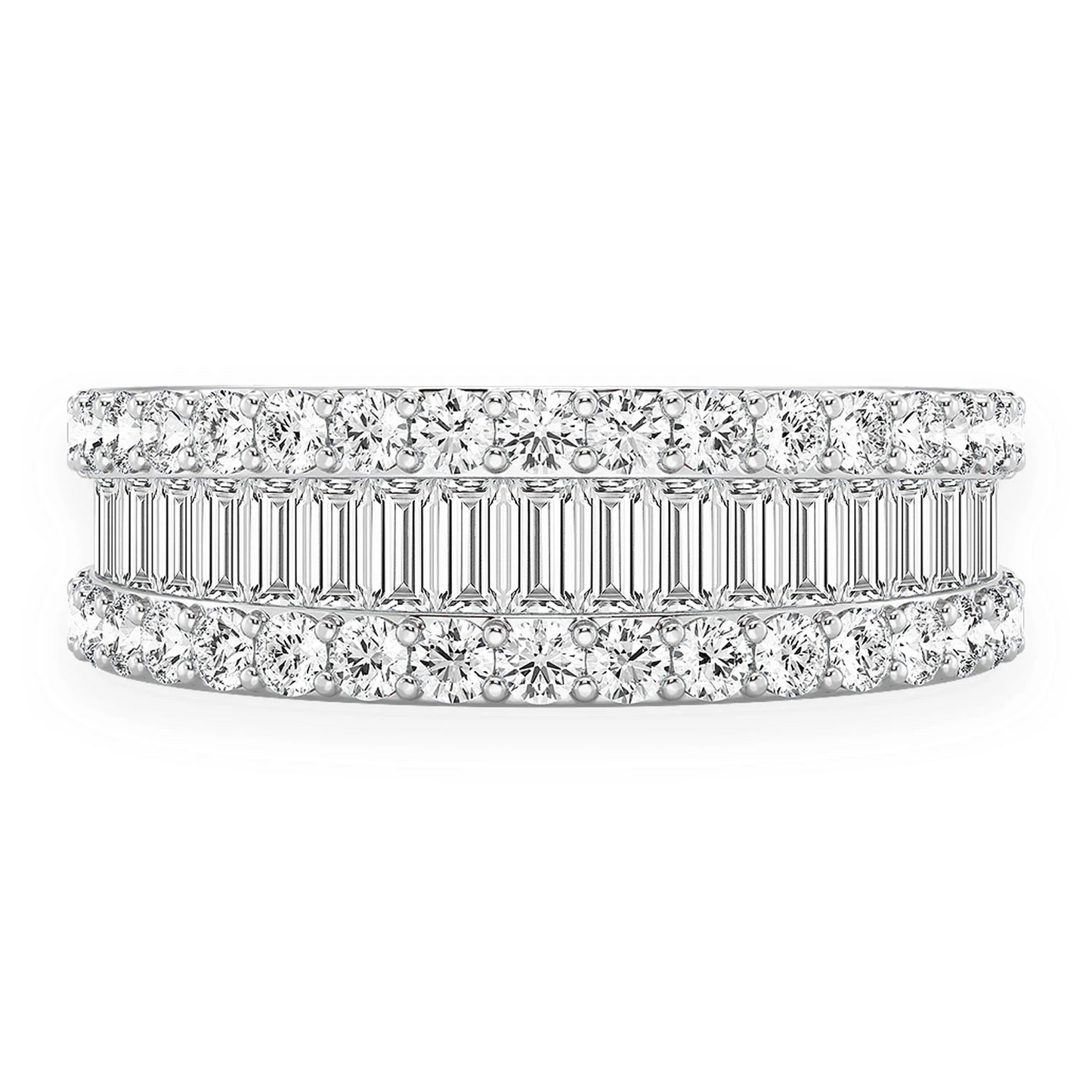 Baguette & Round Border Diamond Ring in 14K white gold, angled view
