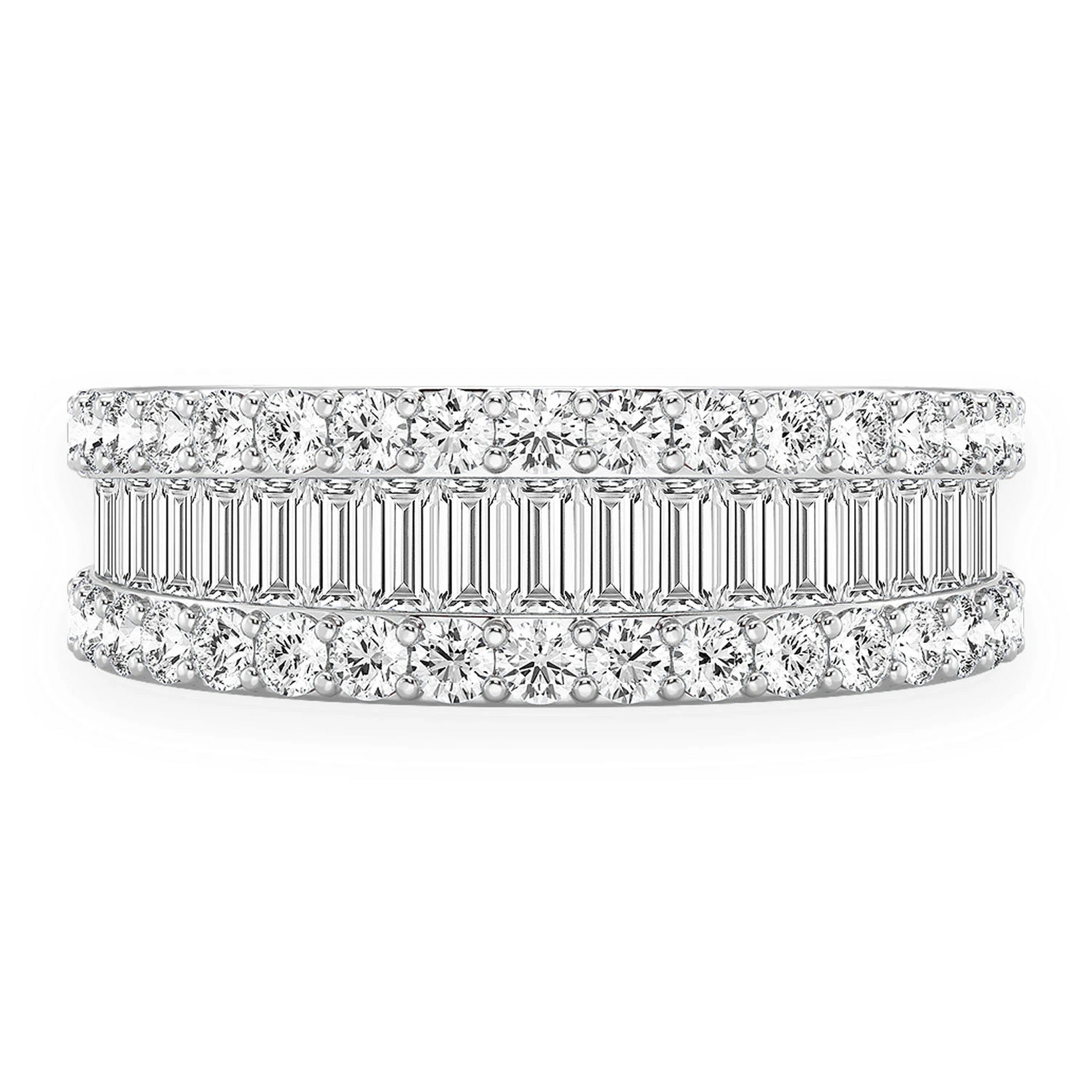 Baguette & Round Border Diamond Ring in 14K white gold, angled view