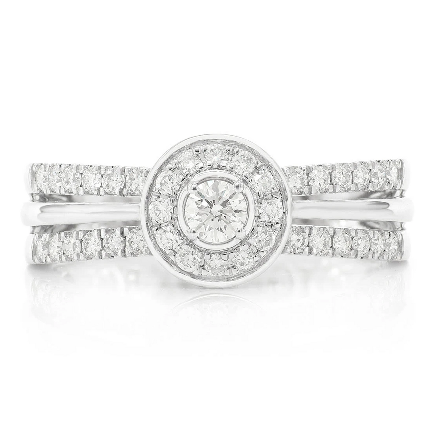 Double Band Round Halo Diamond Engagement Ring in 14K white gold, front view