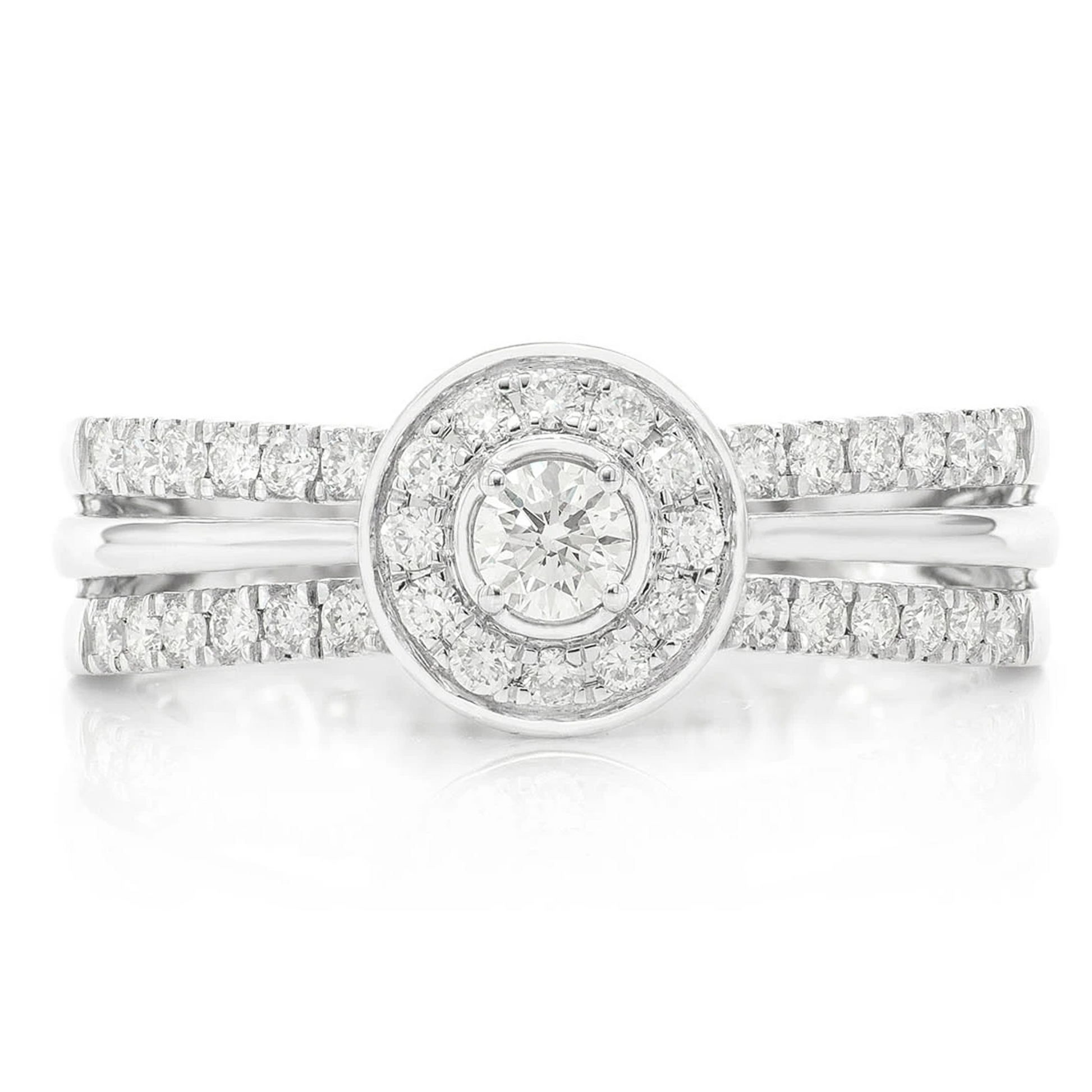 Double Band Round Halo Diamond Engagement Ring in 14K white gold, front view