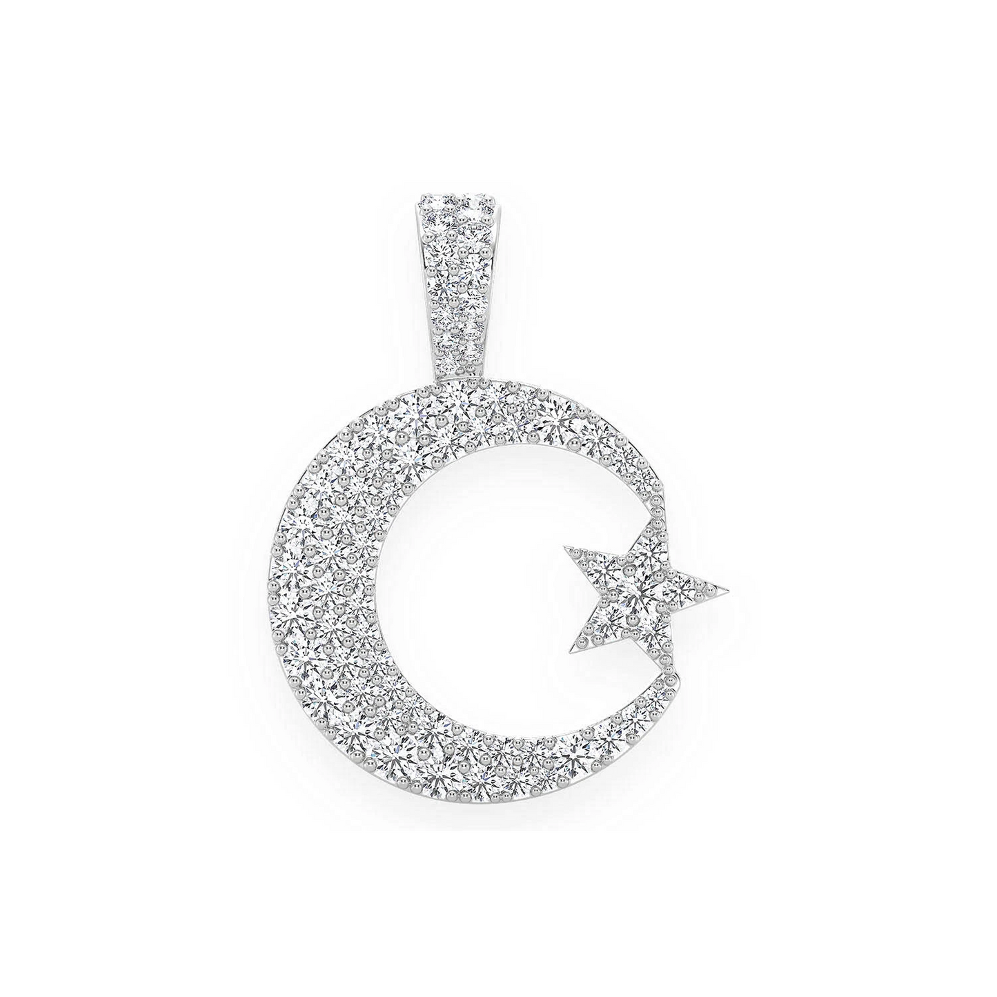 Crescent Moon & Star Diamond Pendant in 14K white gold, front view