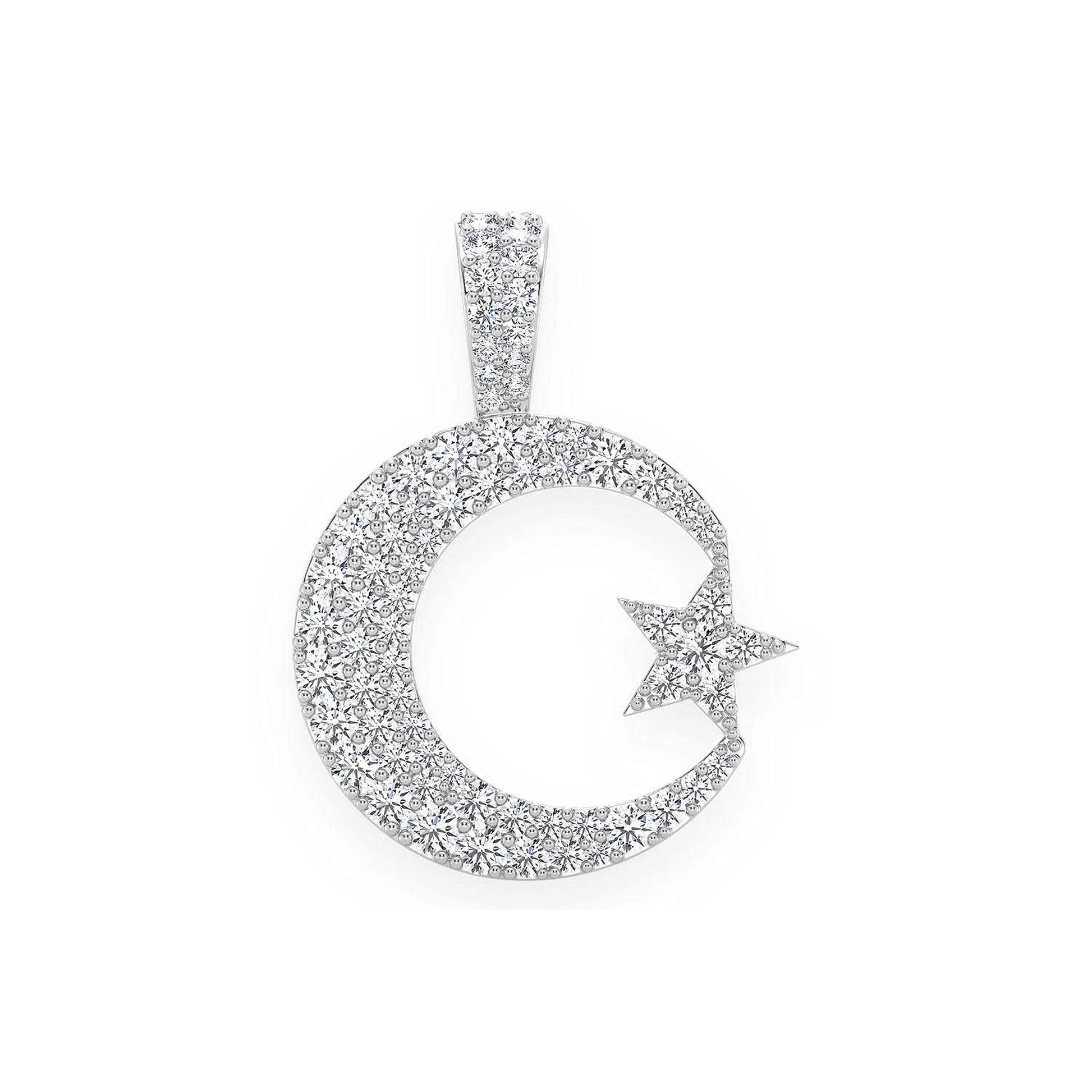 Crescent Moon & Star Diamond Pendant in 14K white gold, front view