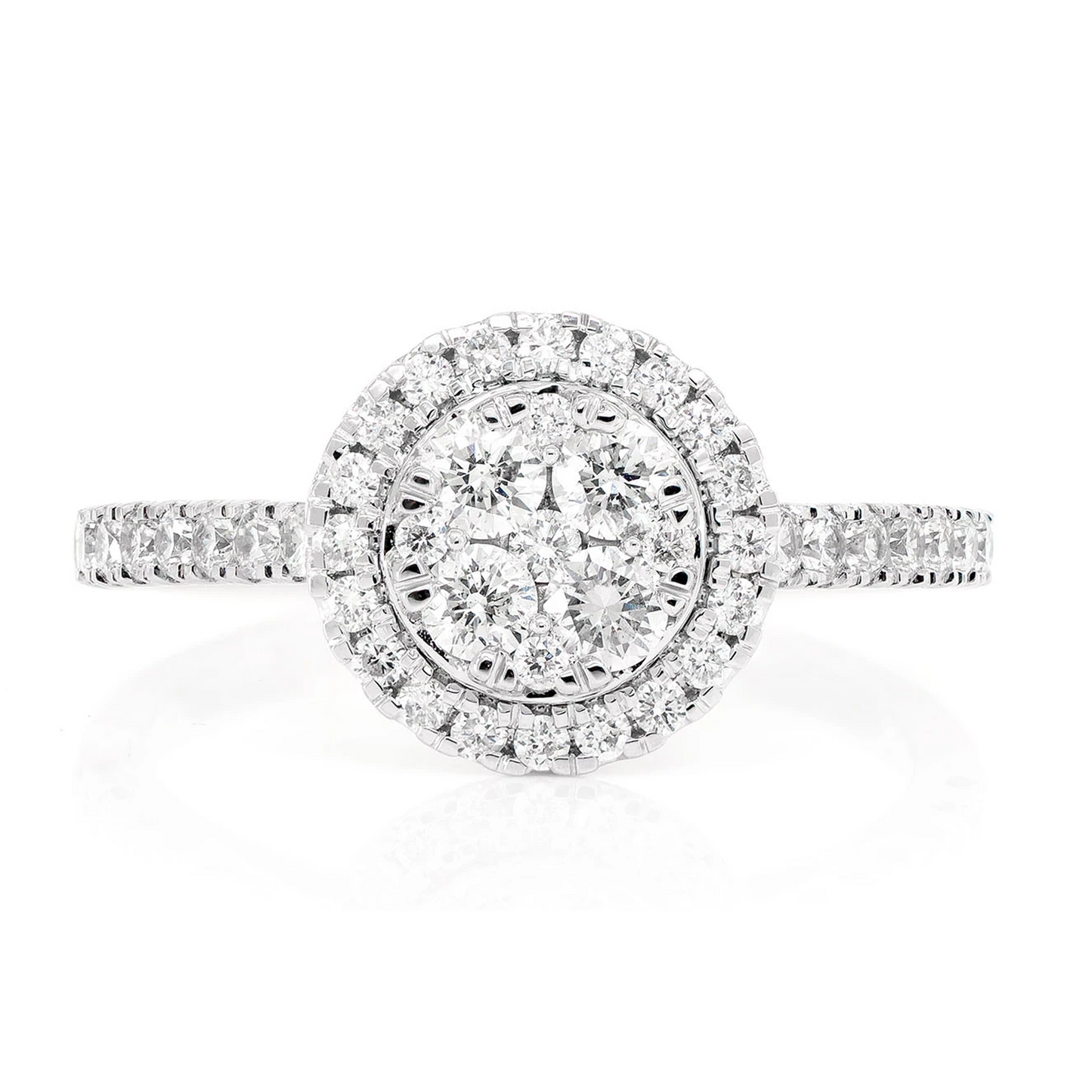Round Mosaic Halo Diamond Ring in 14K white gold, front view