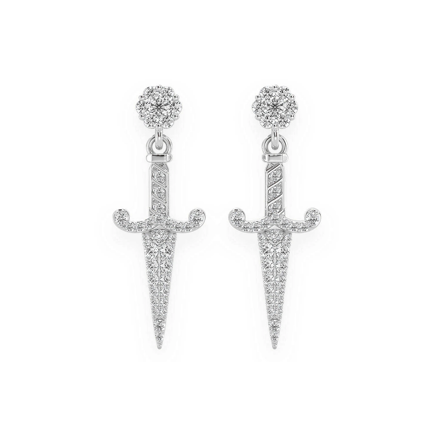 Ancient Sword Diamond Drops in 14K white gold, front view