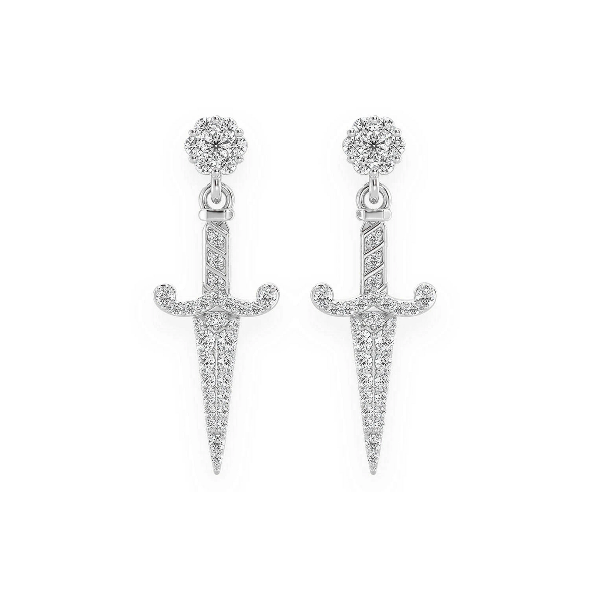 Ancient Sword Diamond Drops in 14K white gold, front view