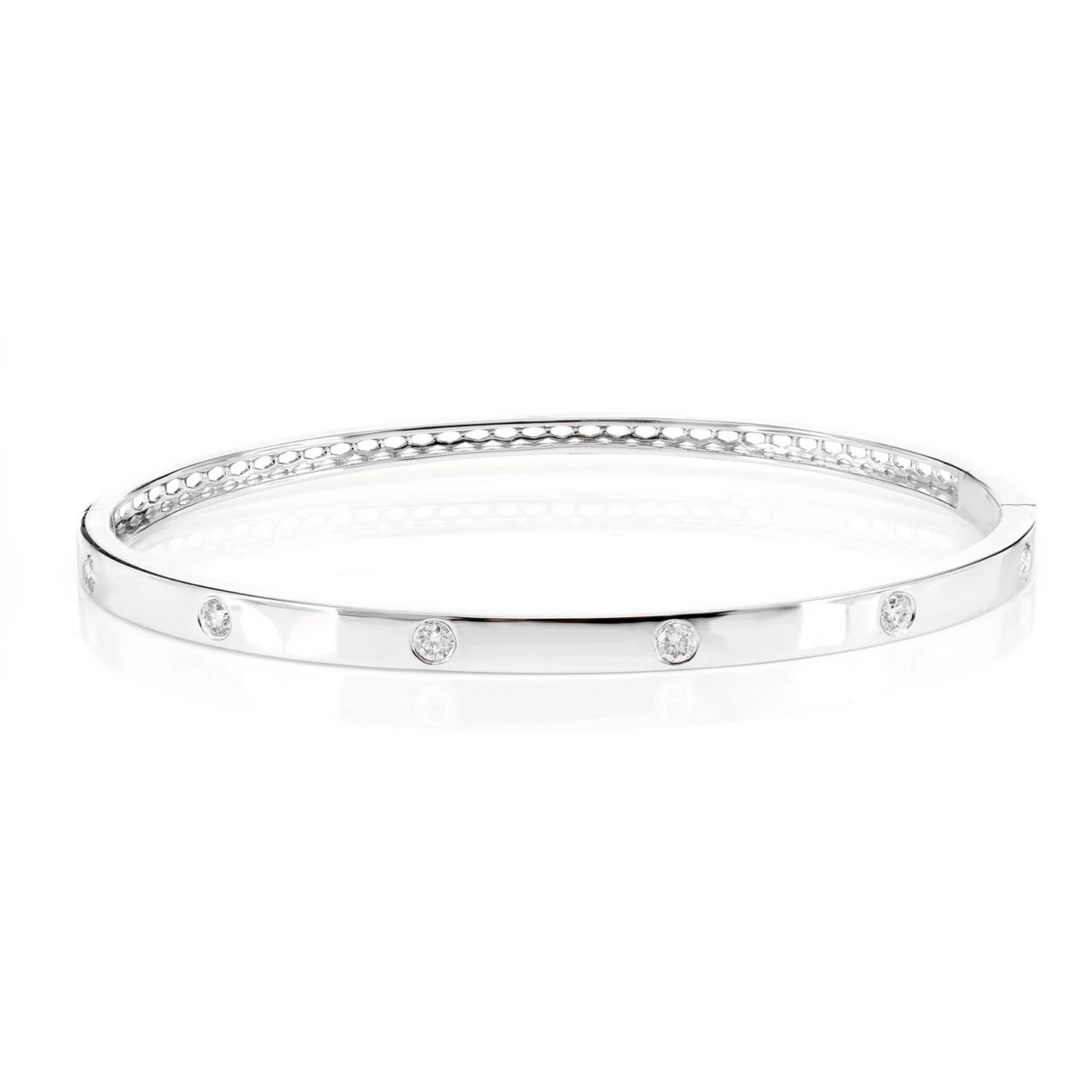 Thin Flush Set Diamond Bangle Bracelet in 14K white gold, front view