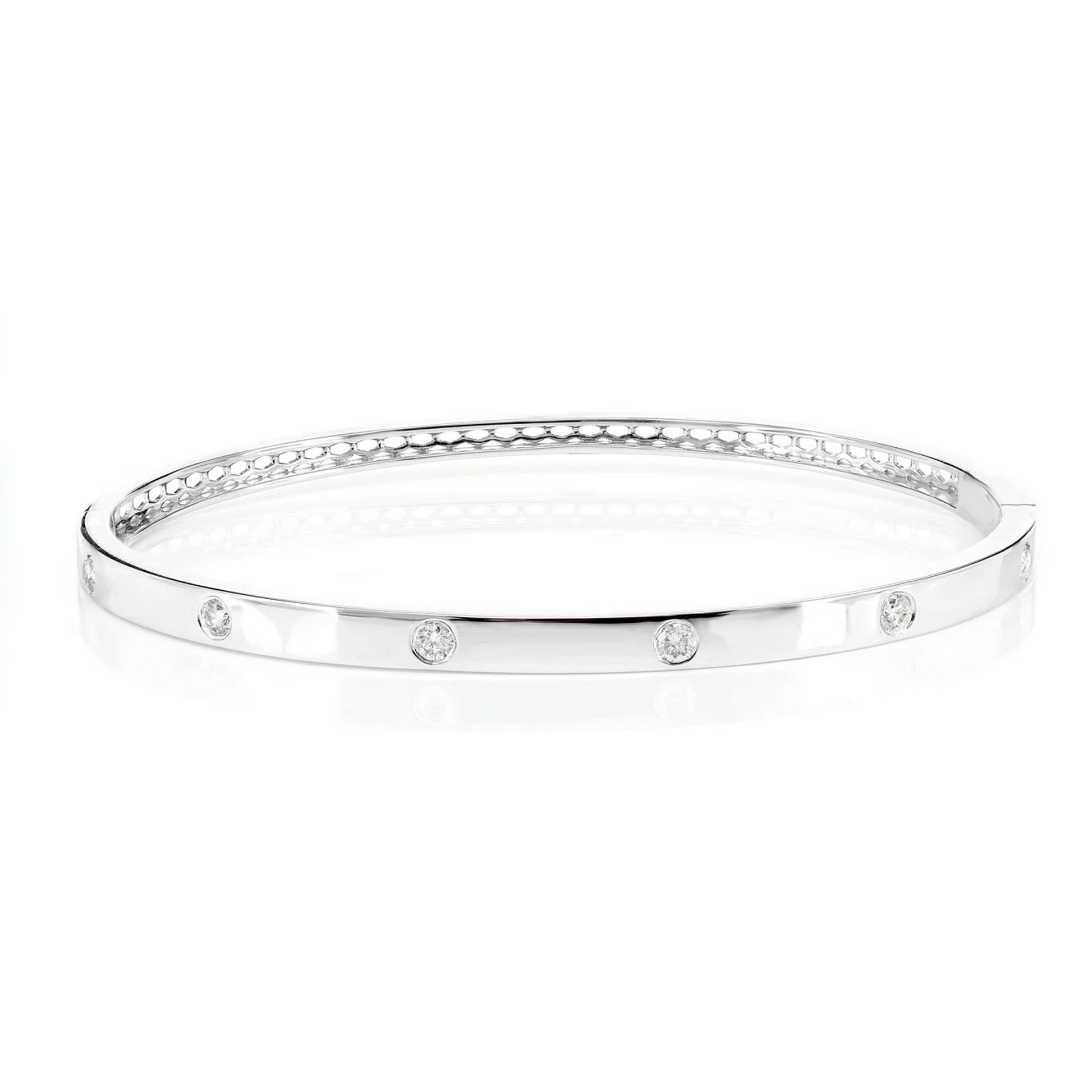 Thin Flush Set Diamond Bangle Bracelet in 14K white gold, front view