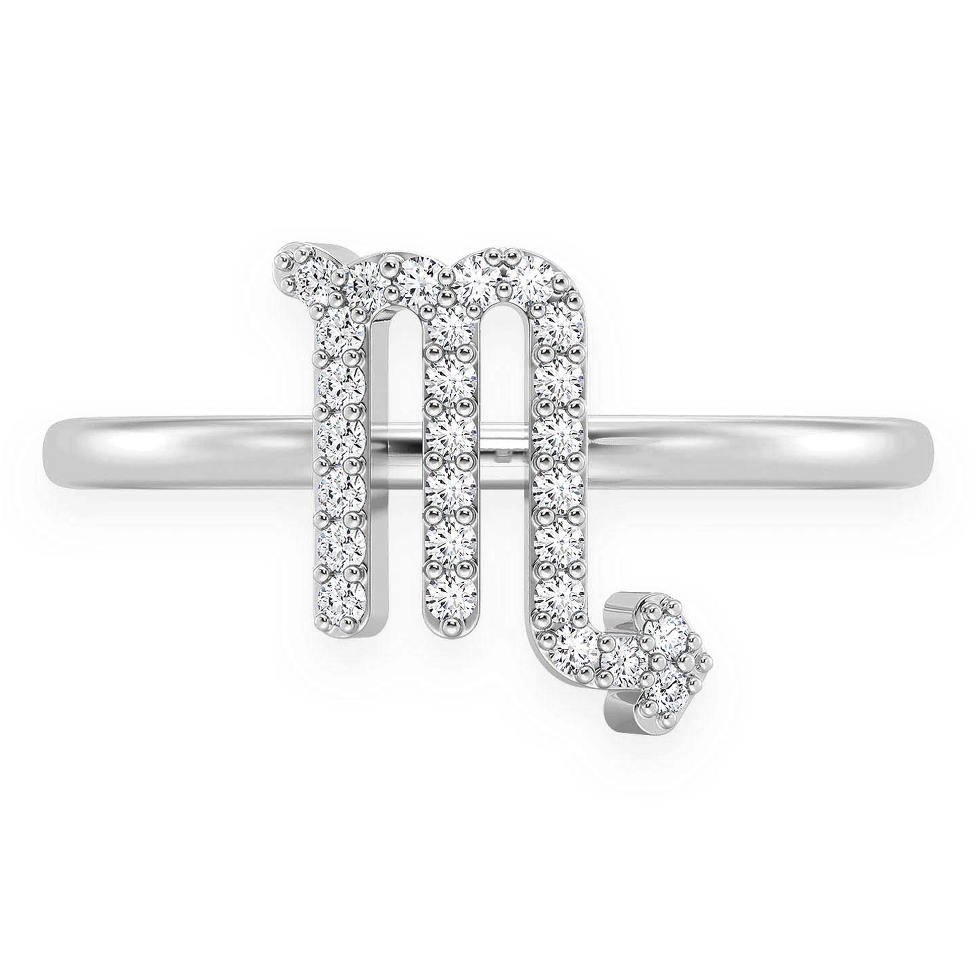 Zodiac Diamond Ring in 14K white gold, Scorpio design, front view
