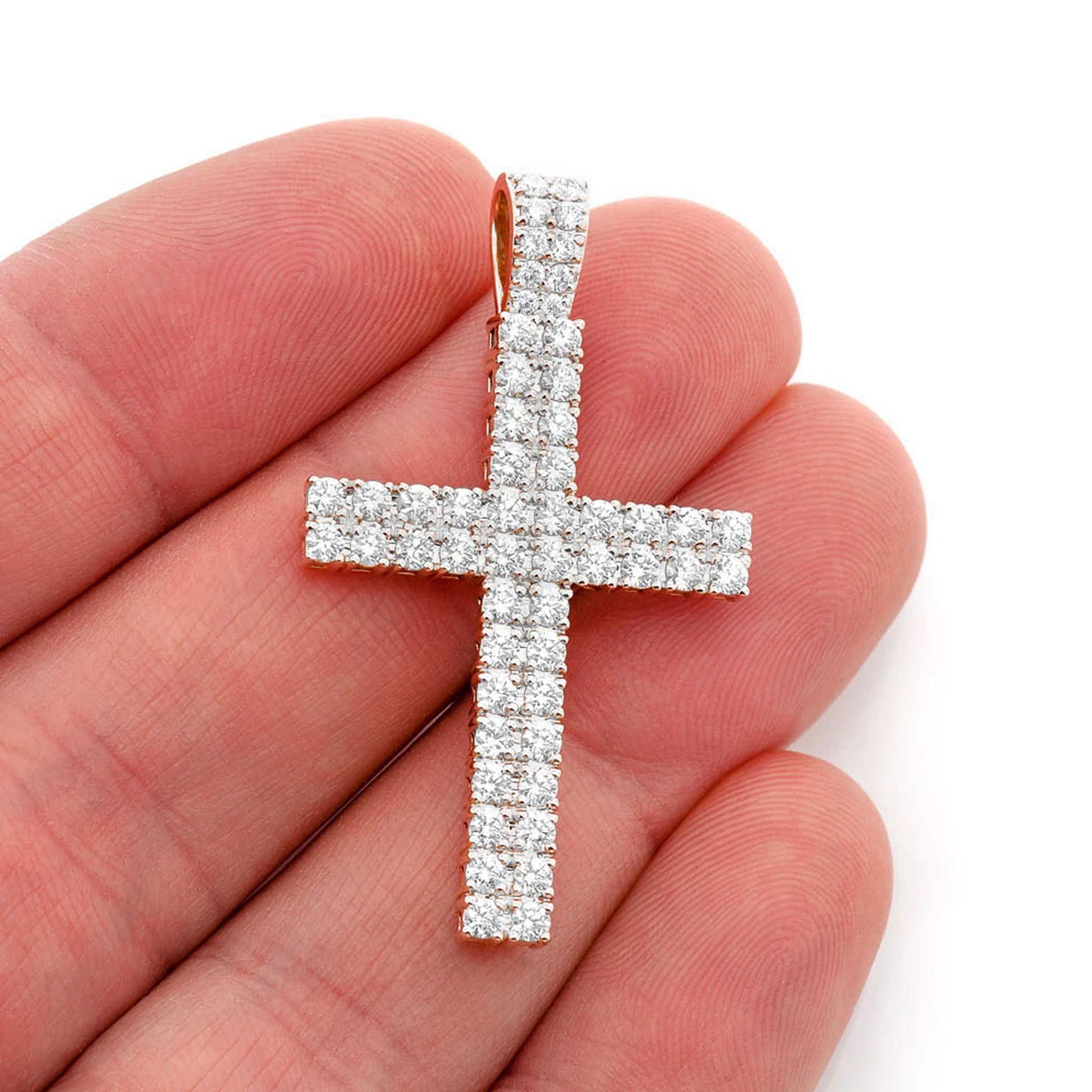 Two Row Diamond Cross Pendant in 14K white gold, Statement | 2.25ctw | Iced Out Bail, angled view