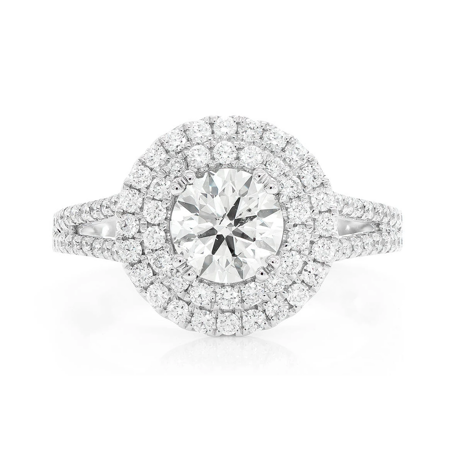 Round Double Halo Split Shank Diamond Ring in 14K white gold, front view