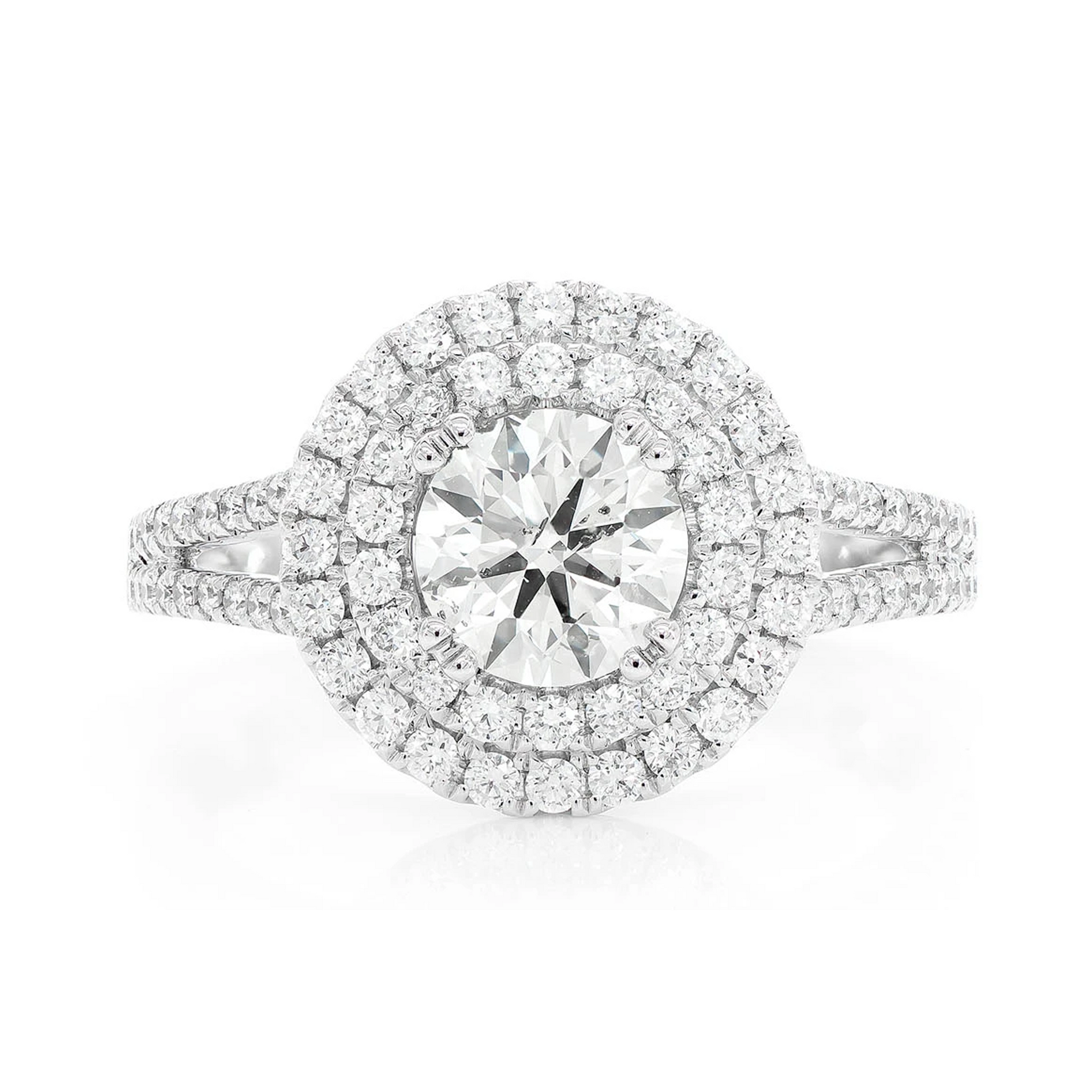 Round Double Halo Split Shank Diamond Ring in 14K white gold, front view