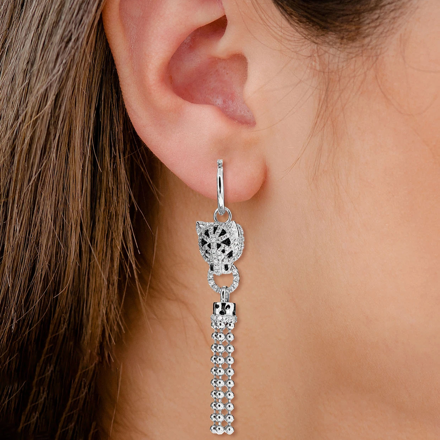 Dangling Leopard Tassel Diamond Hoop Earrings