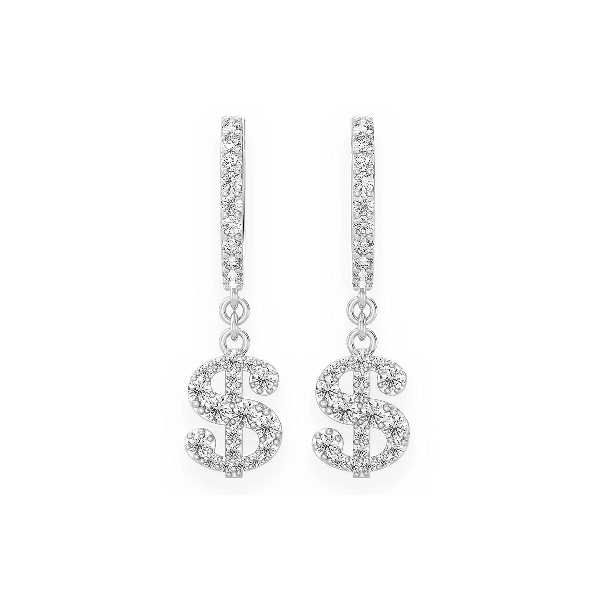 Dollar Sign Hoop Drops in 14K white gold, front view
