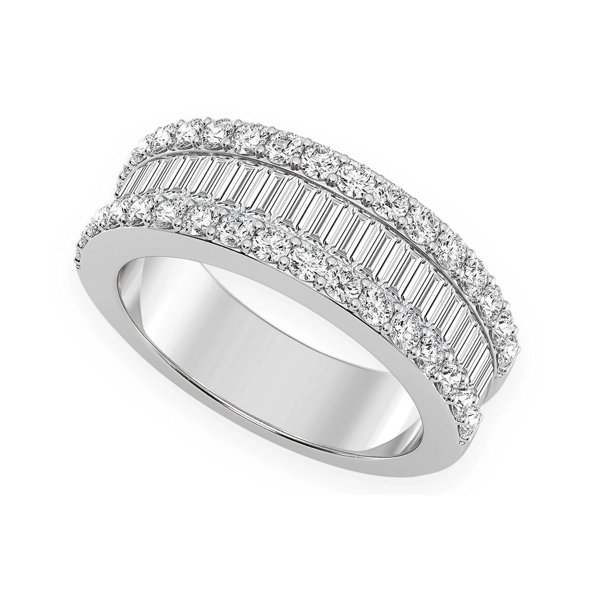 Baguette & Round Border Diamond Ring in 14K white gold, front view