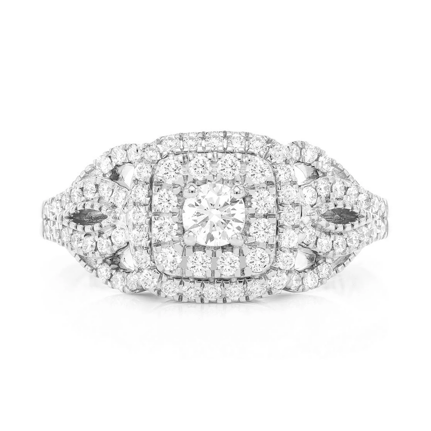 Fancy Shank Cushion Double Halo Ring in 14K white gold, front view