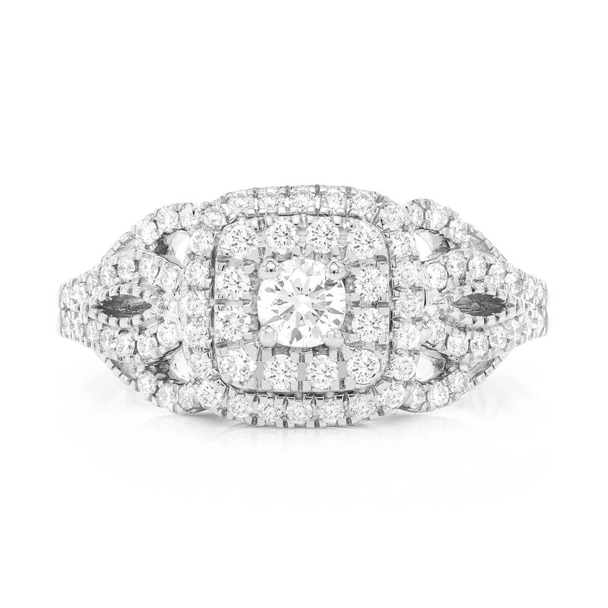 Fancy Shank Cushion Double Halo Ring in 14K white gold, front view