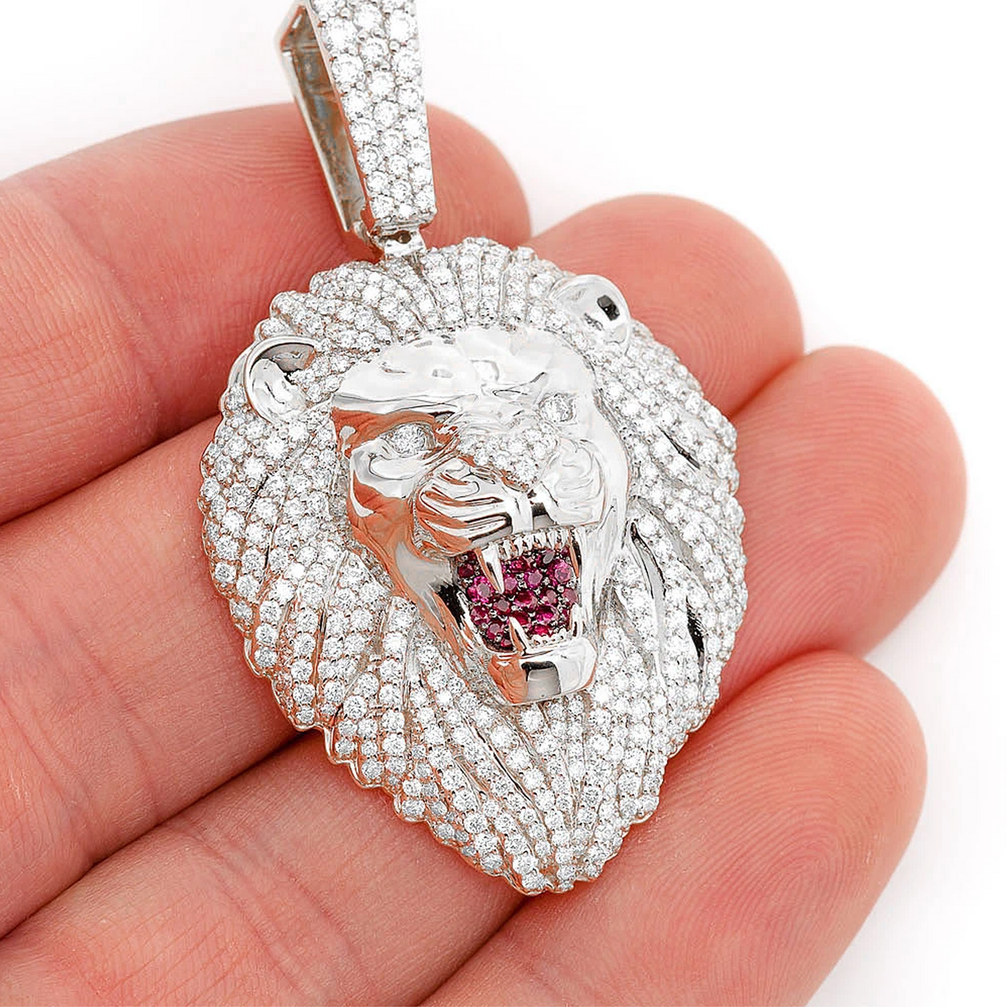 Roaring Lion Diamond Pendant in 14K white gold, Signature | Ruby Set Mouth | 3.20ctw, angled view
