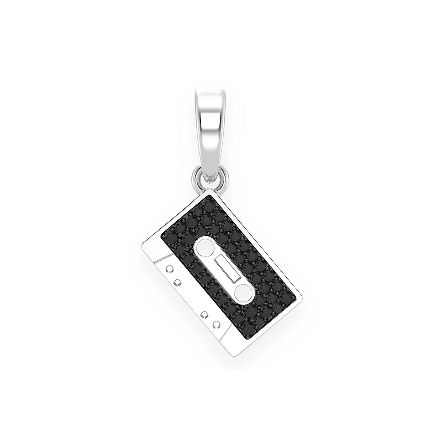 Music Cassette Diamond Pendant in 14K white gold, Black, front view