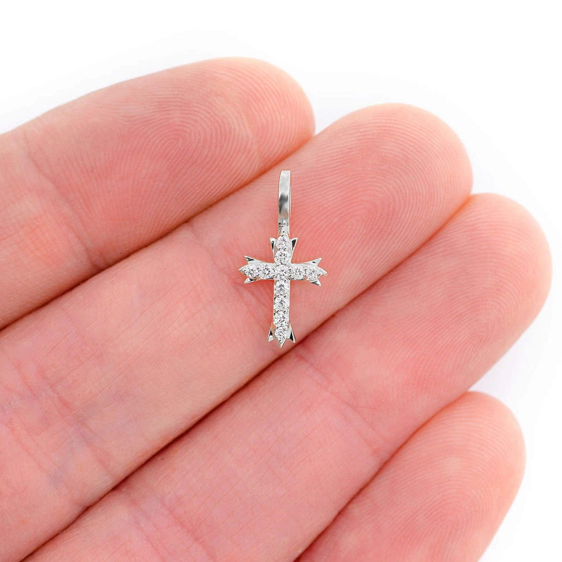 Triple Point Cross Pendant in 14K white gold, Set | 0.10ctw, angled view