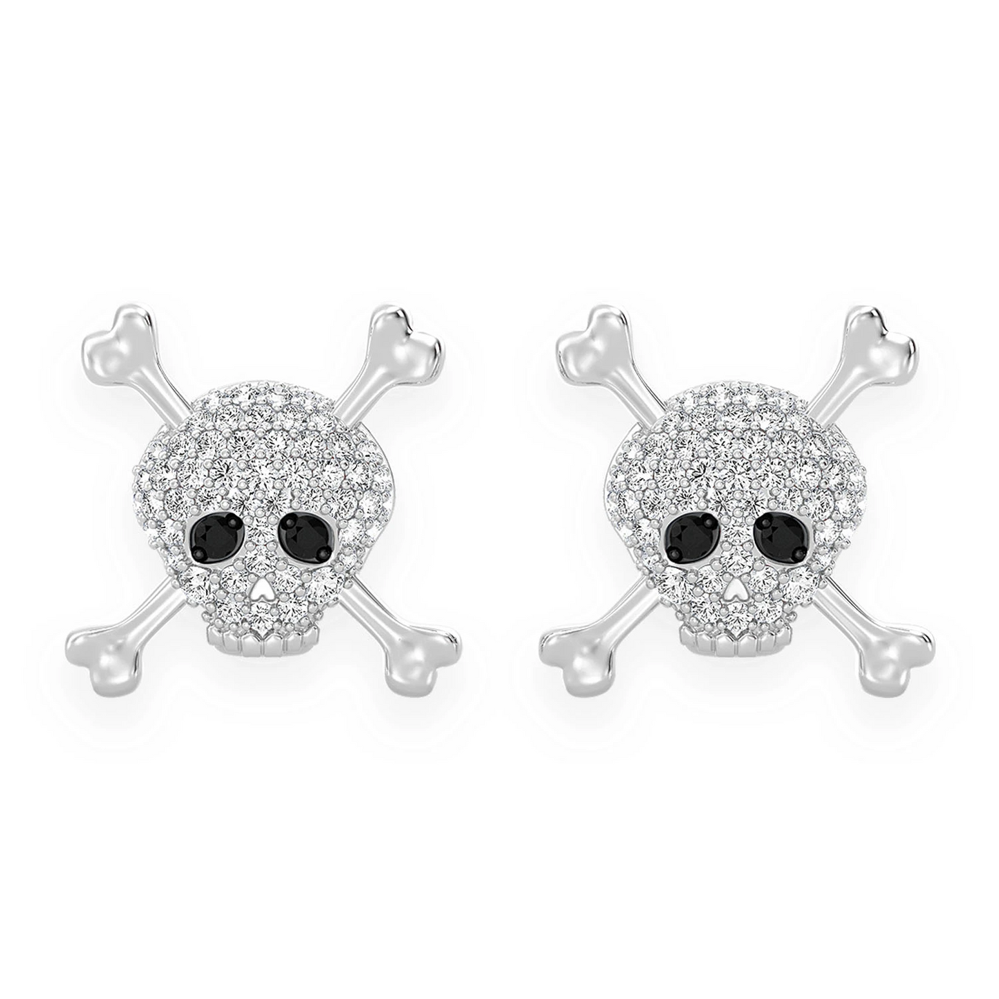 Skull & Crossbones Diamond Studs in 14K white gold, front view