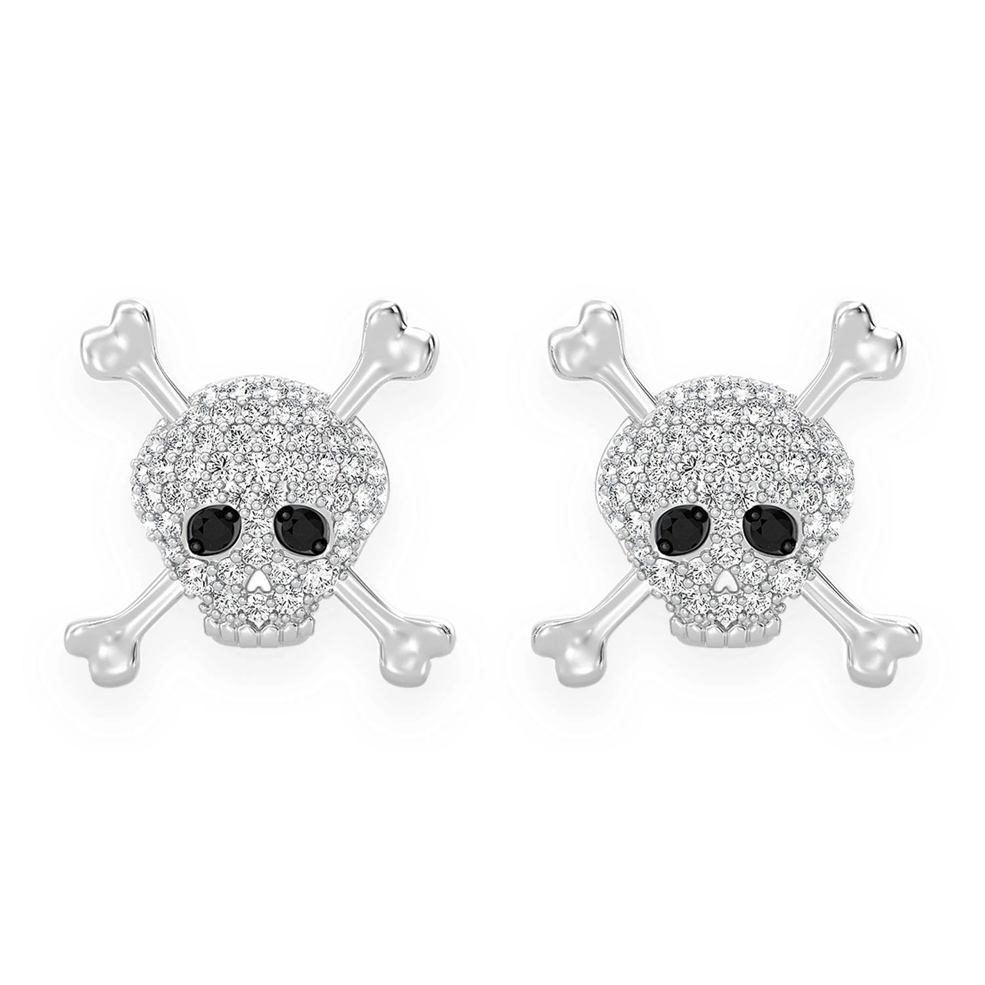 Skull & Crossbones Diamond Studs in 14K white gold, front view