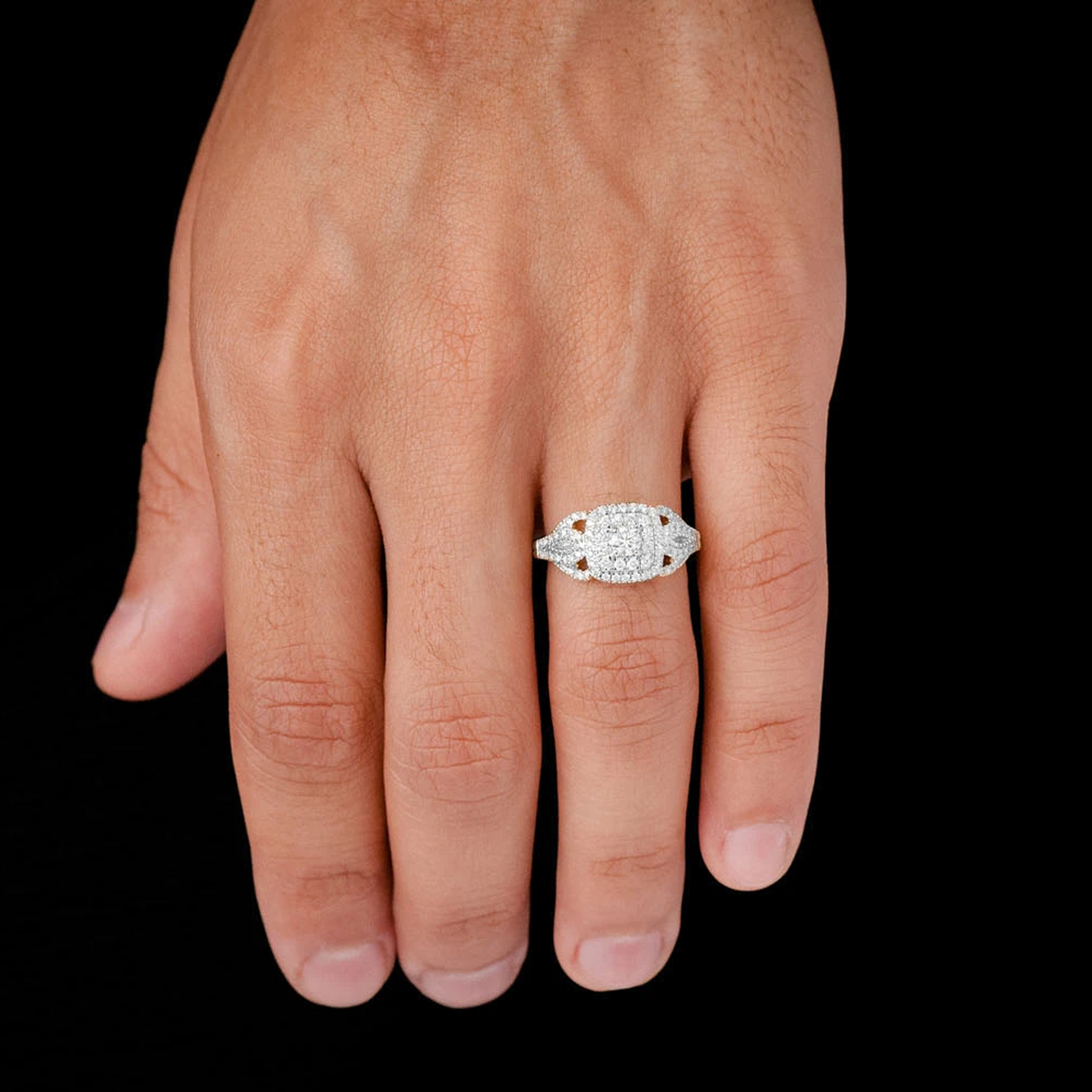 Fancy Shank Cushion Double Halo Ring in 14K white gold, worn view