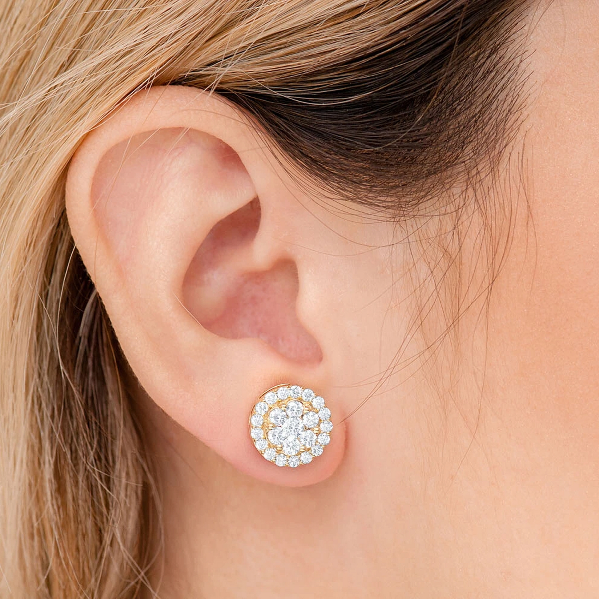 Halo Flower Diamond Studs in 14K yellow gold, 1.50ctw, worn view 2