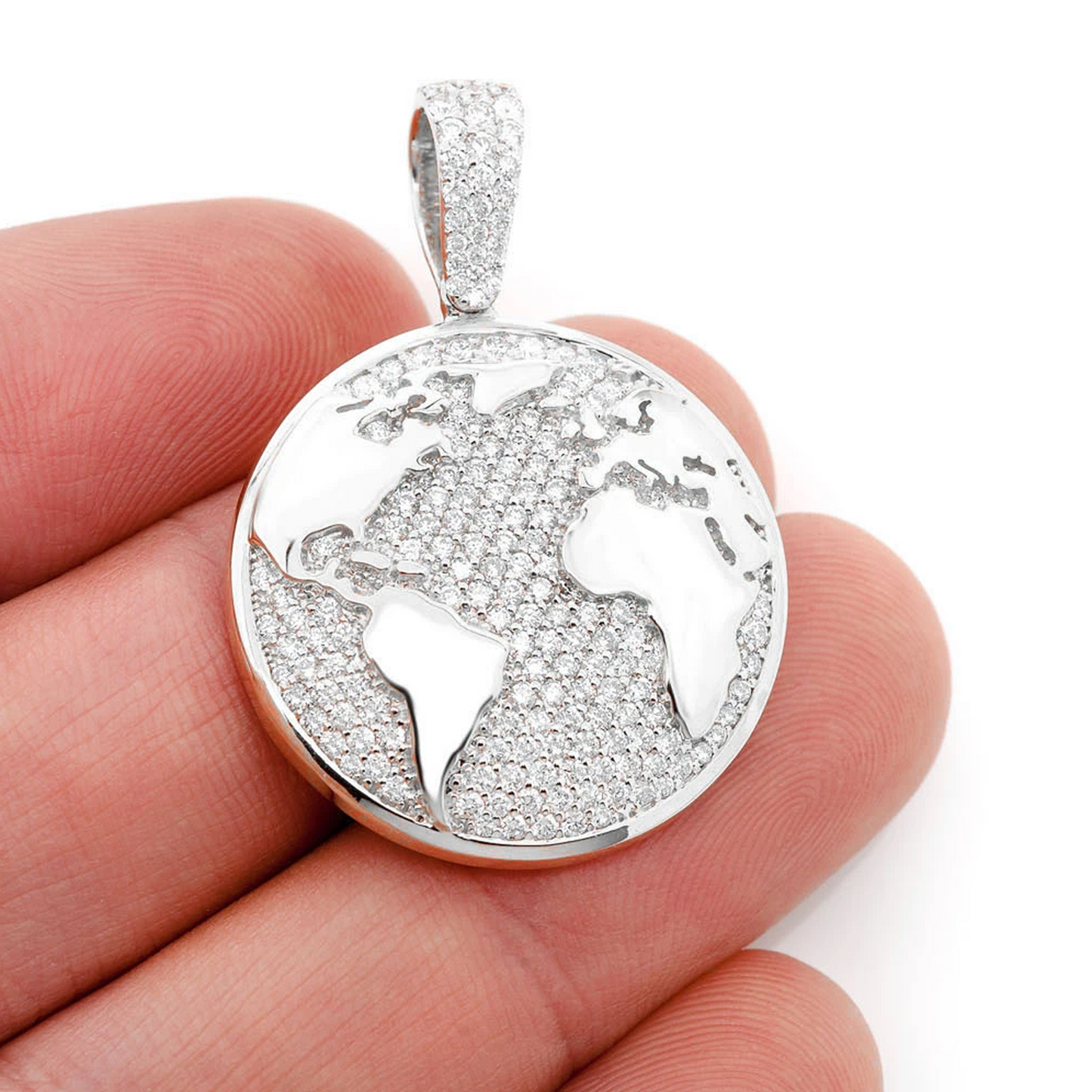 World Globe Diamond Pendant in 14K white gold, angled view