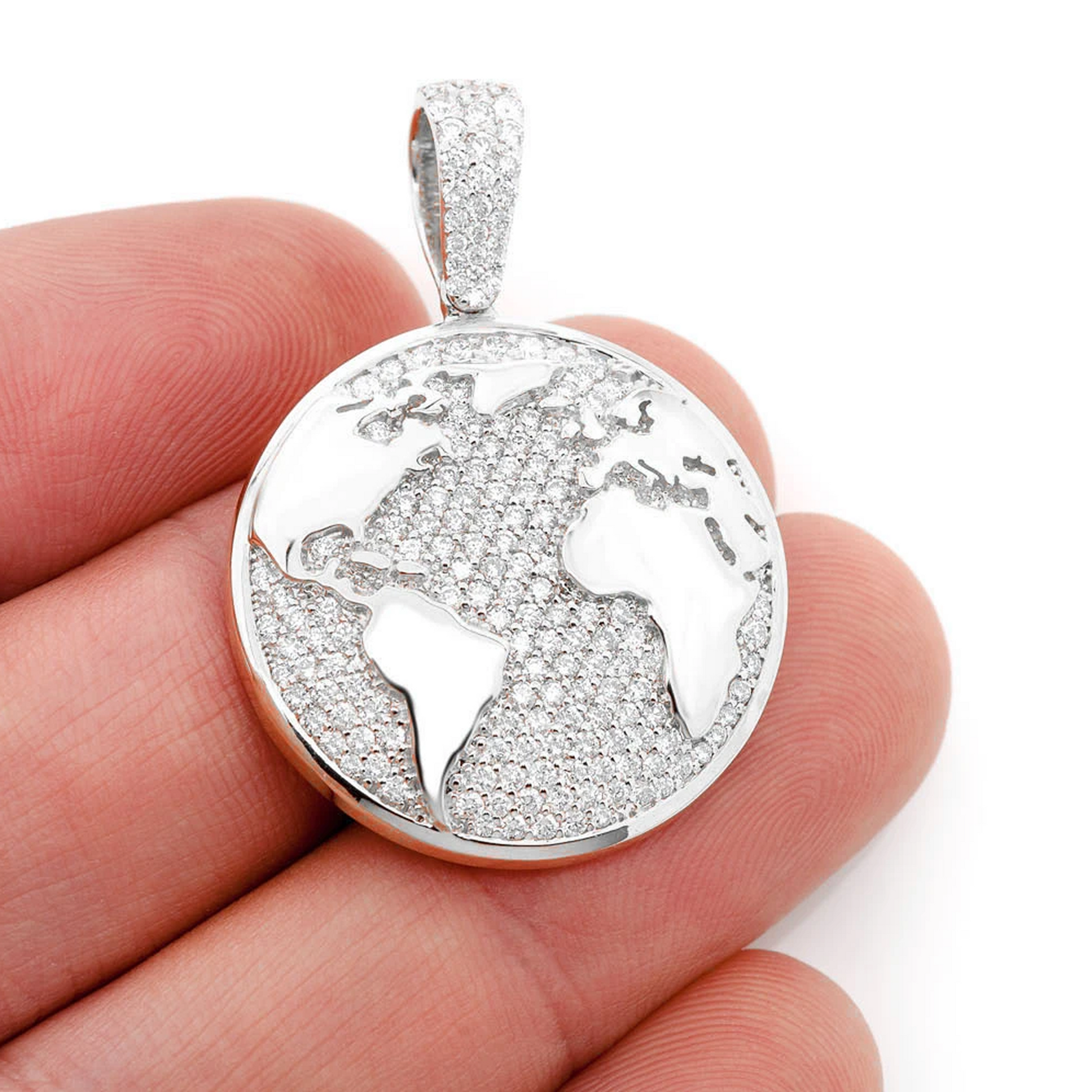 World Globe Diamond Pendant in 14K white gold, angled view