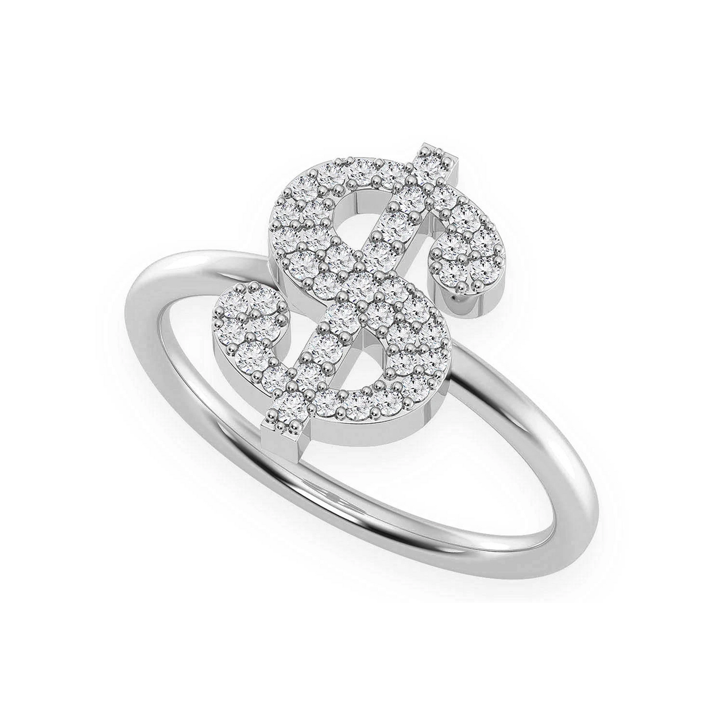 Dollar Sign Diamond Ring in 14K white gold, angled view