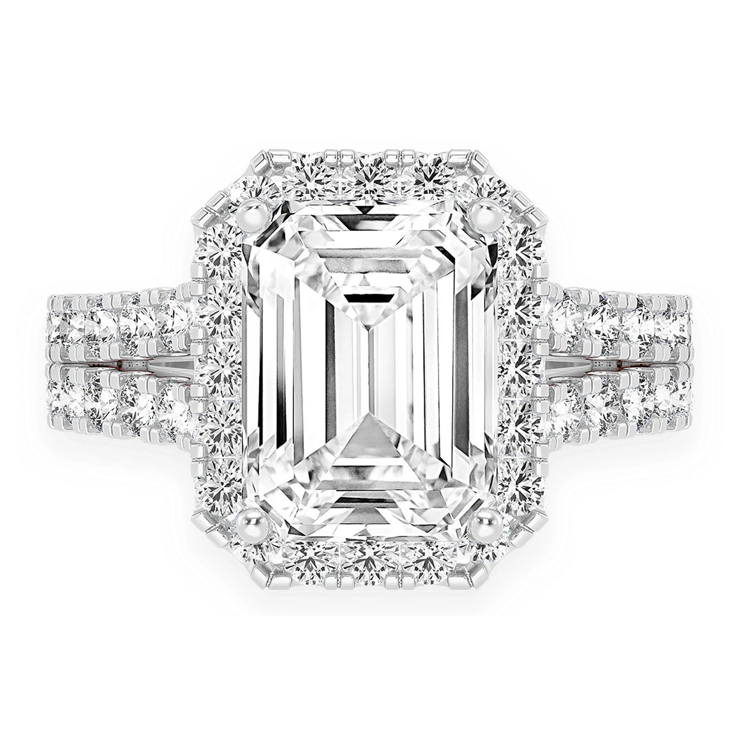 3ct Emerald Cut Split Shank Halo Diamond Engagement Ring in 14K white gold, front view