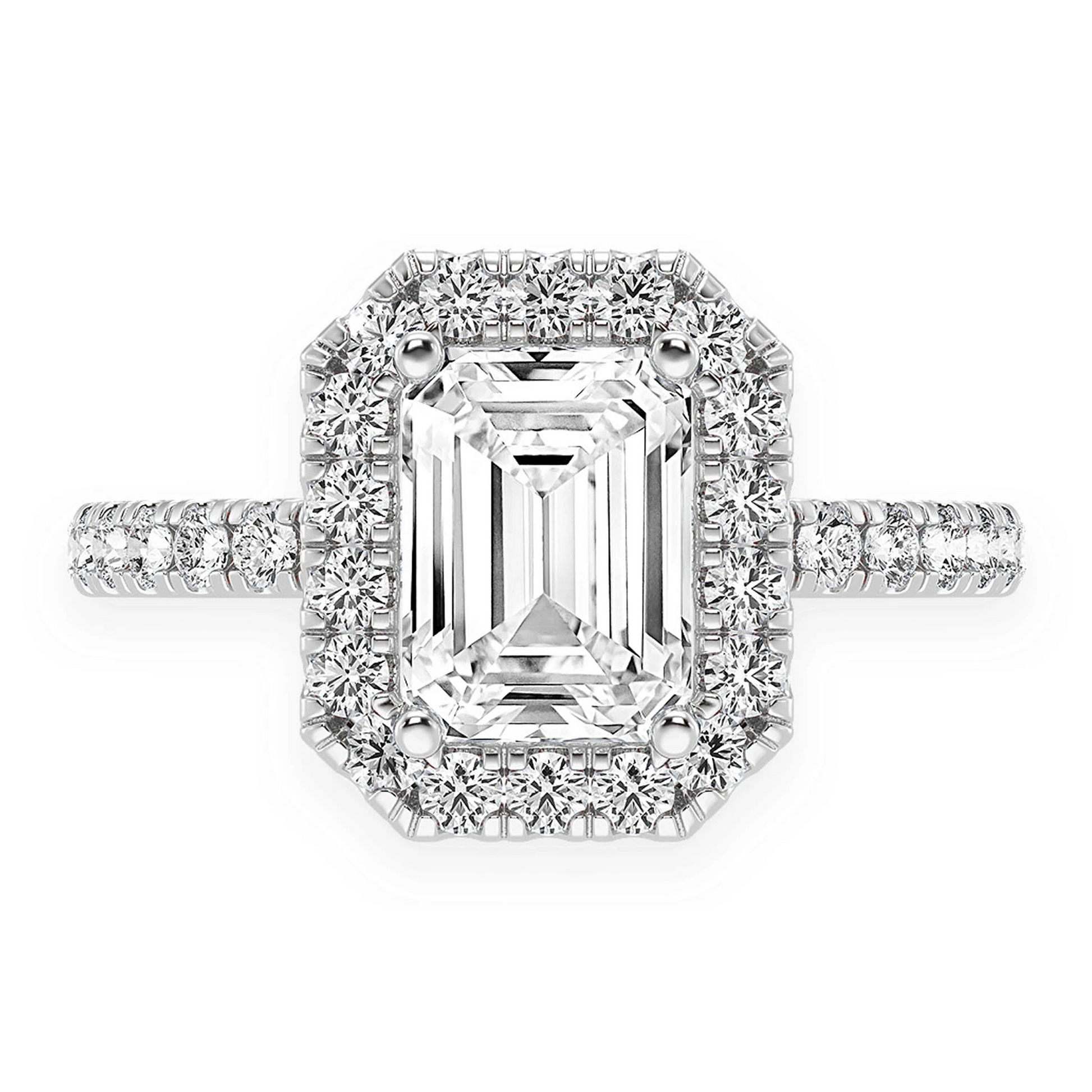 1ct Emerald Cut Scallop Halo Diamond Engagement Ring in 14K white gold, front view