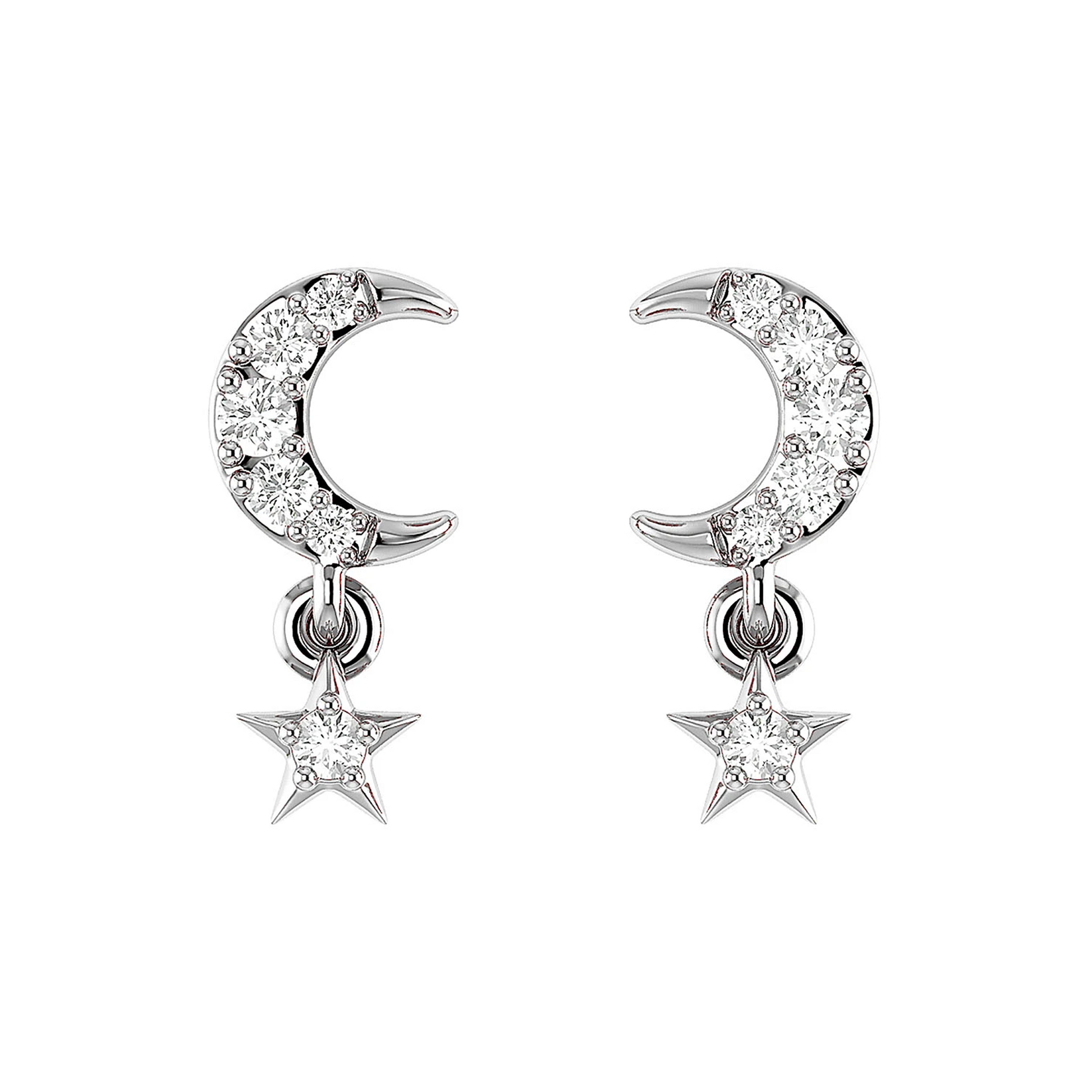 Moon & Star Diamond Drops in 14K white gold, front view