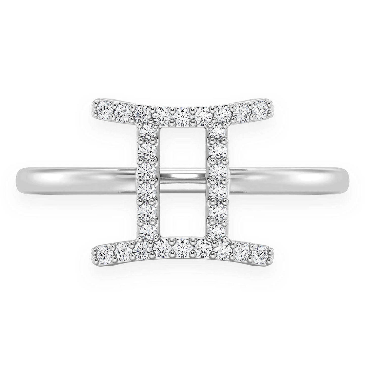 Zodiac Diamond Ring in 14K white gold, Gemini design, front view