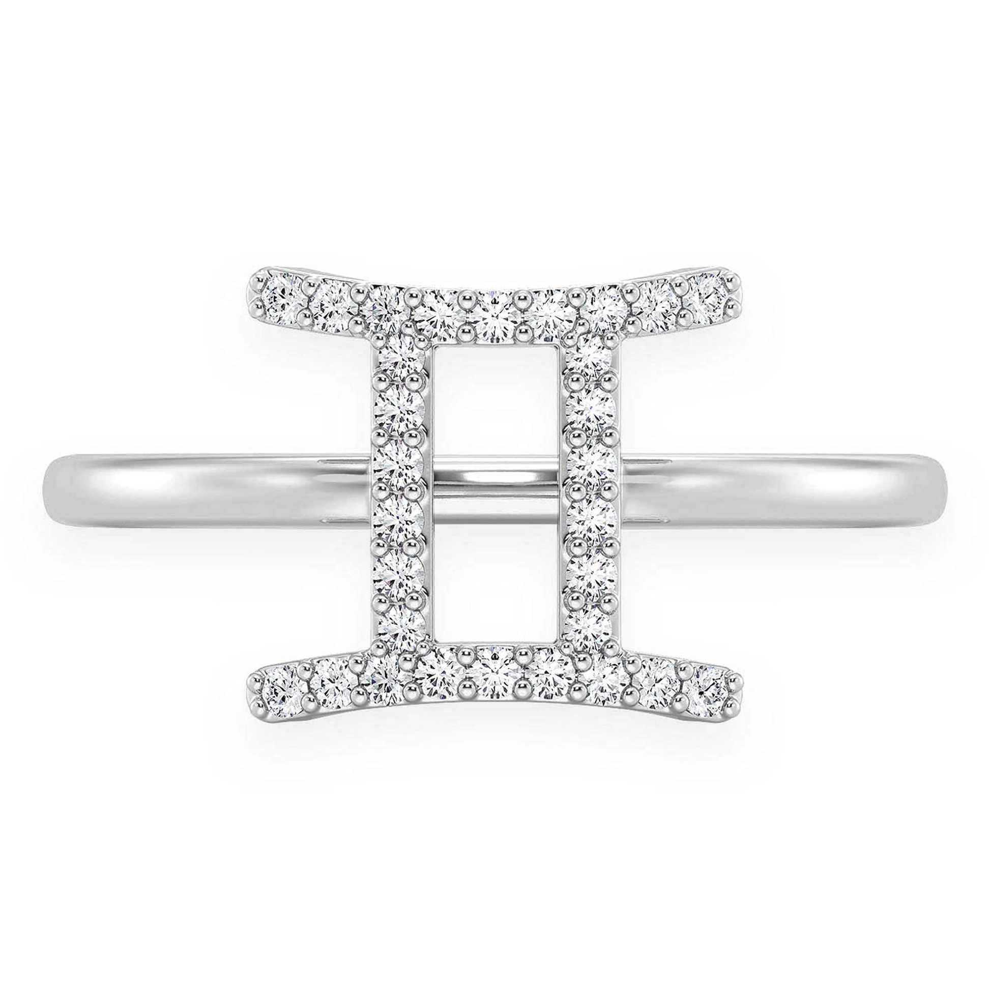 Zodiac Diamond Ring in 14K white gold, Gemini design, front view