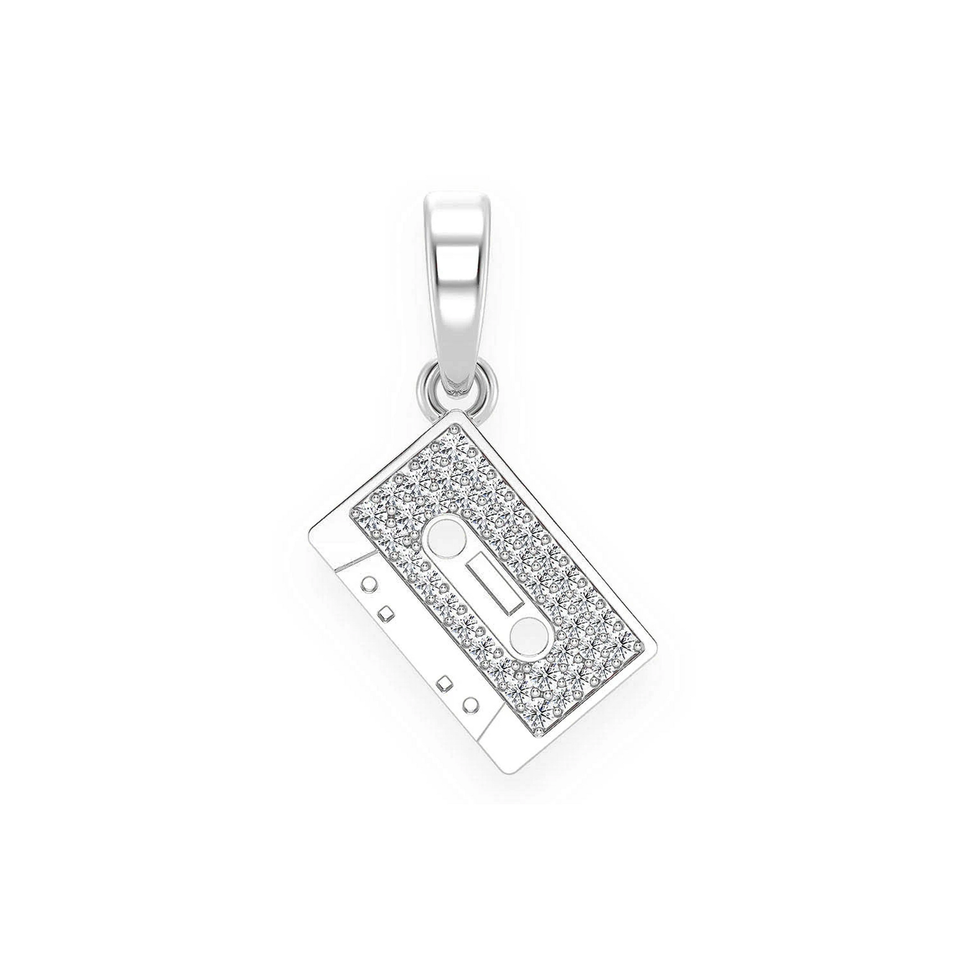 Music Cassette Diamond Pendant in 14K white gold, White, front view