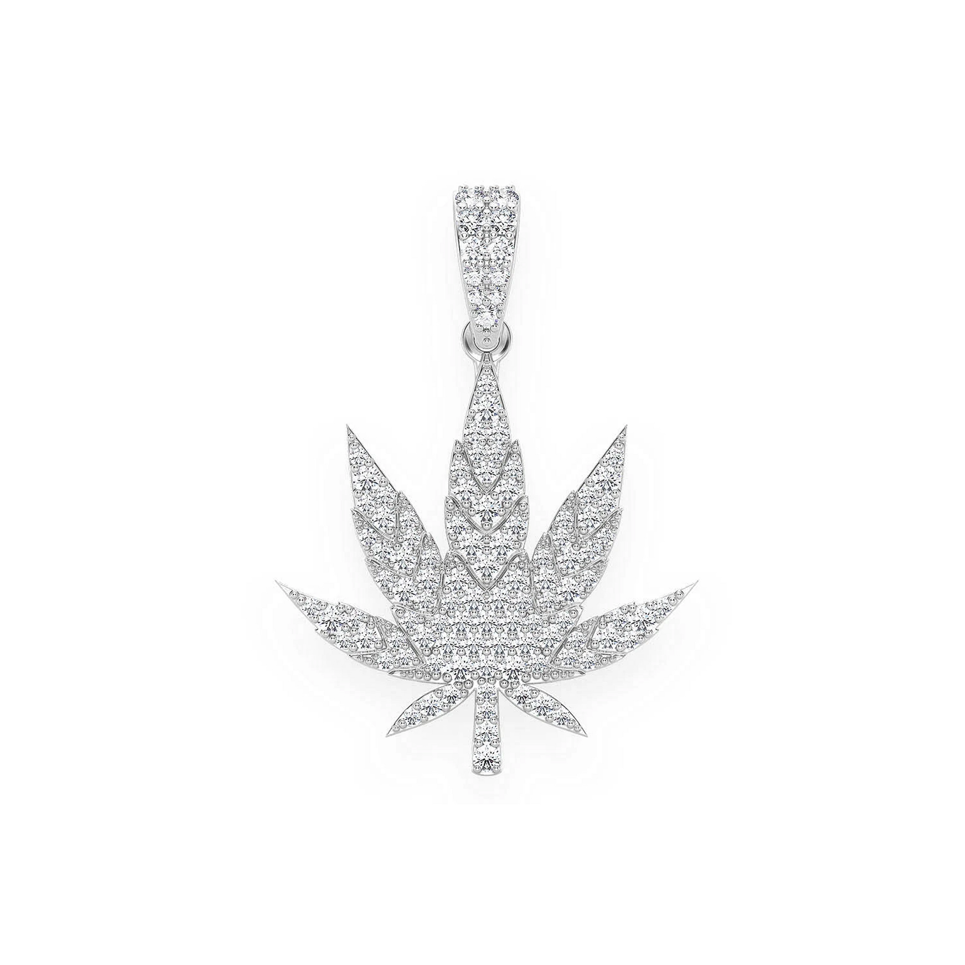 Cannabis Leaf Diamond Pendant in 14K white gold, Statement | 1.60ctw, front view
