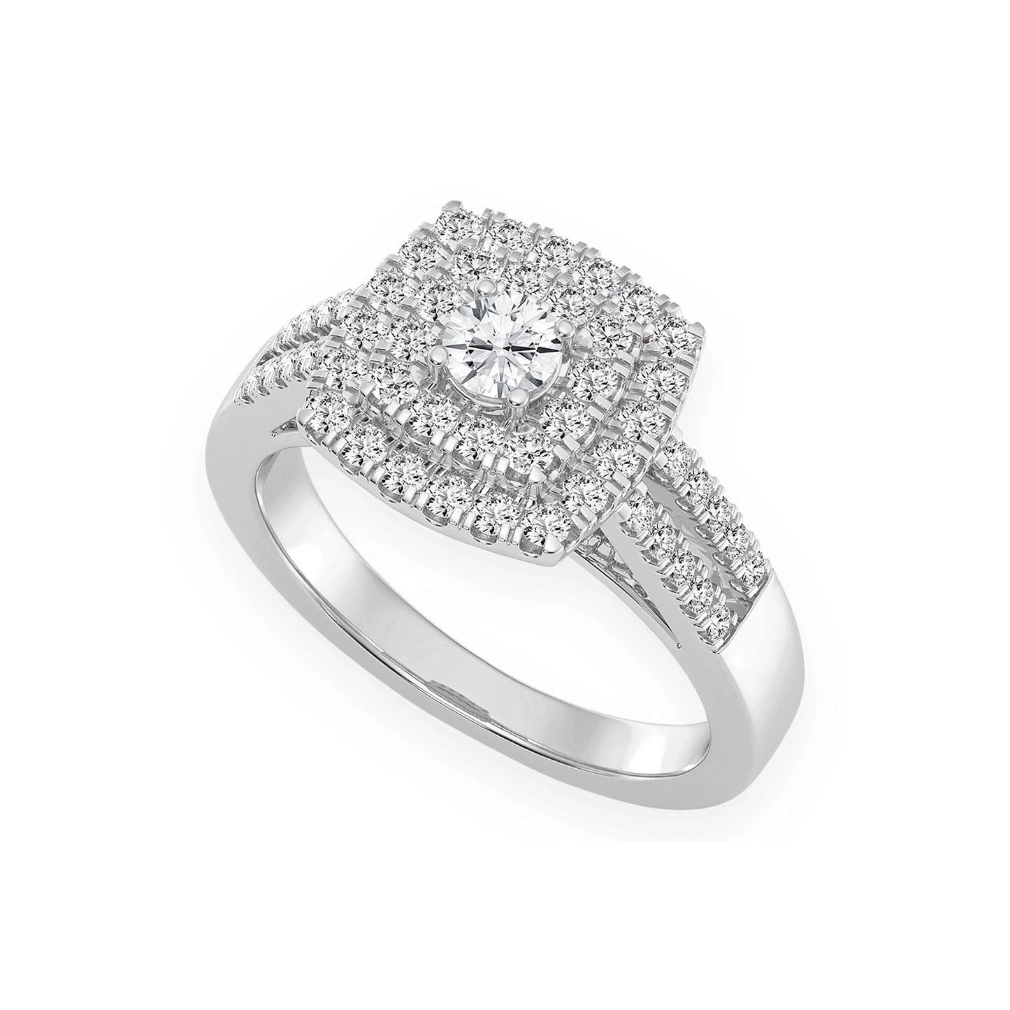 Princess Cut Double Halo Split Shank Ring in 14K white gold, angled view