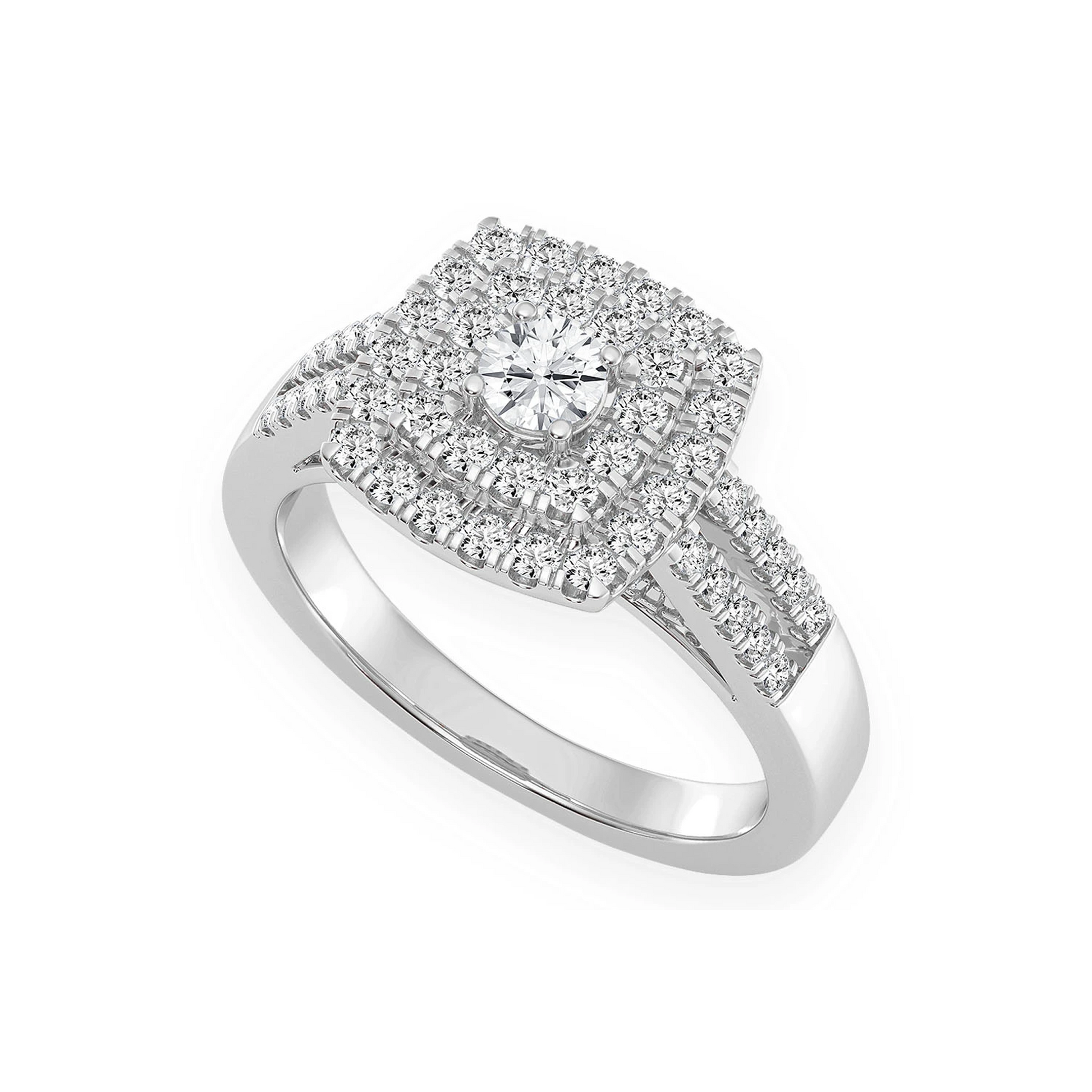 Princess Cut Double Halo Split Shank Ring in 14K white gold, angled view